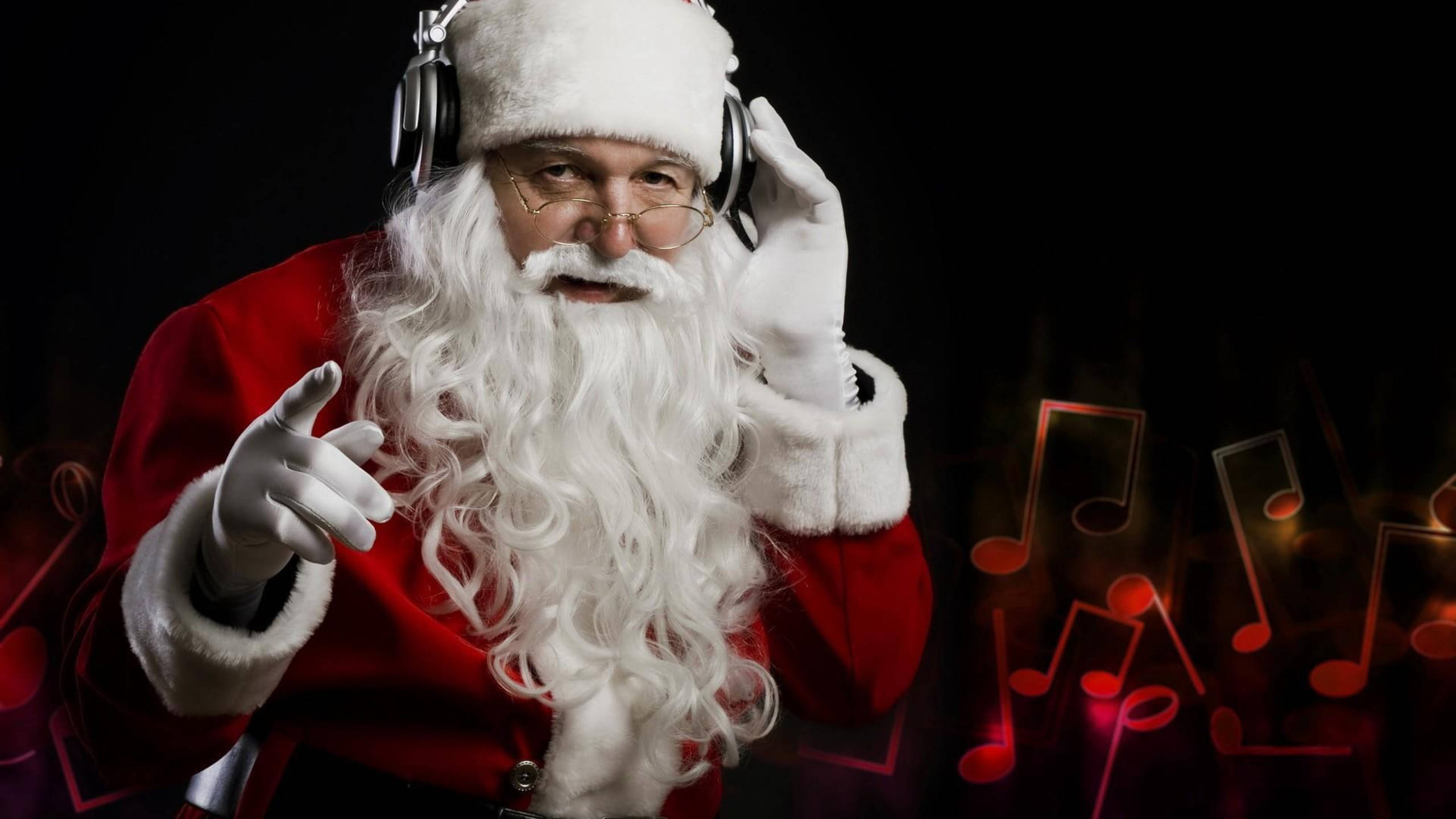 Santa Claus, red suit, headphones, 2K Desktop Wallpaper