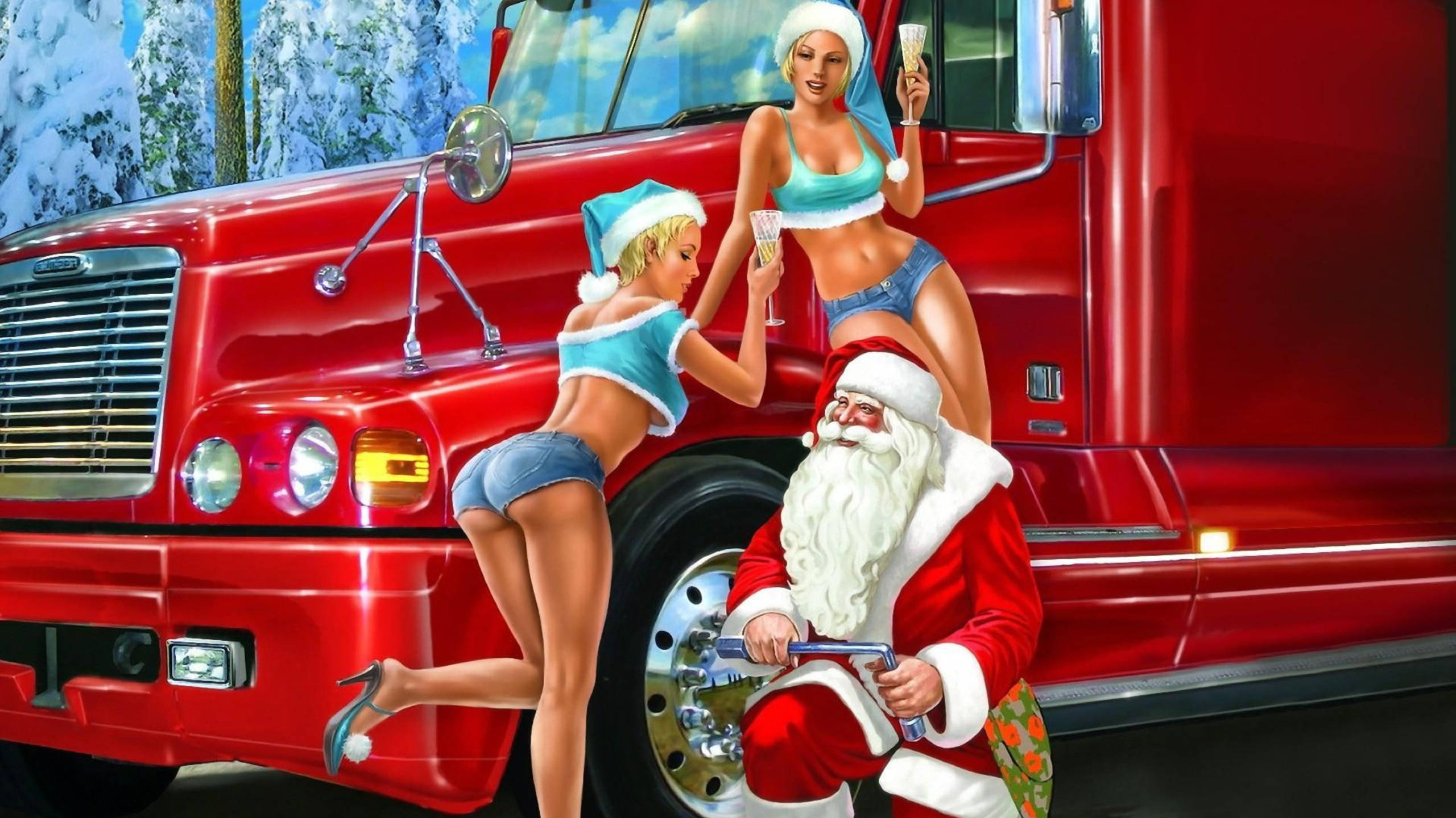 Santa Claus, Santa hats, red semi-truck, 2K Desktop Wallpaper