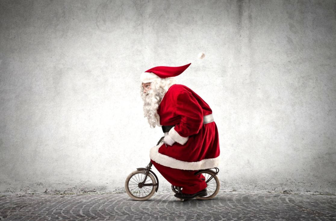 Santa Claus, bicycle, textured gray wall, SD Desktop Wallpaper