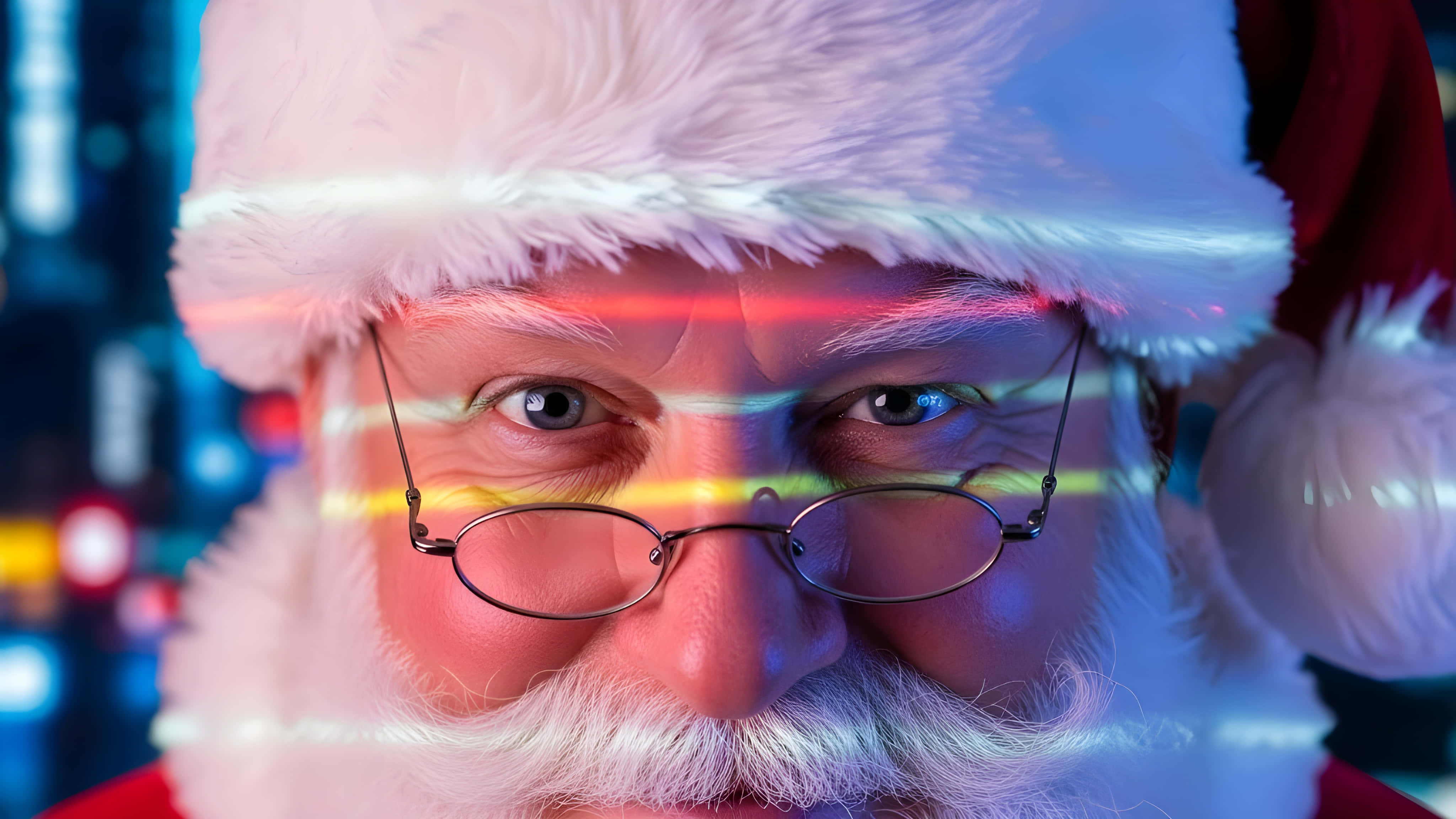 Santa Claus, glasses, colorful neon light streaks, 4K Desktop Wallpaper