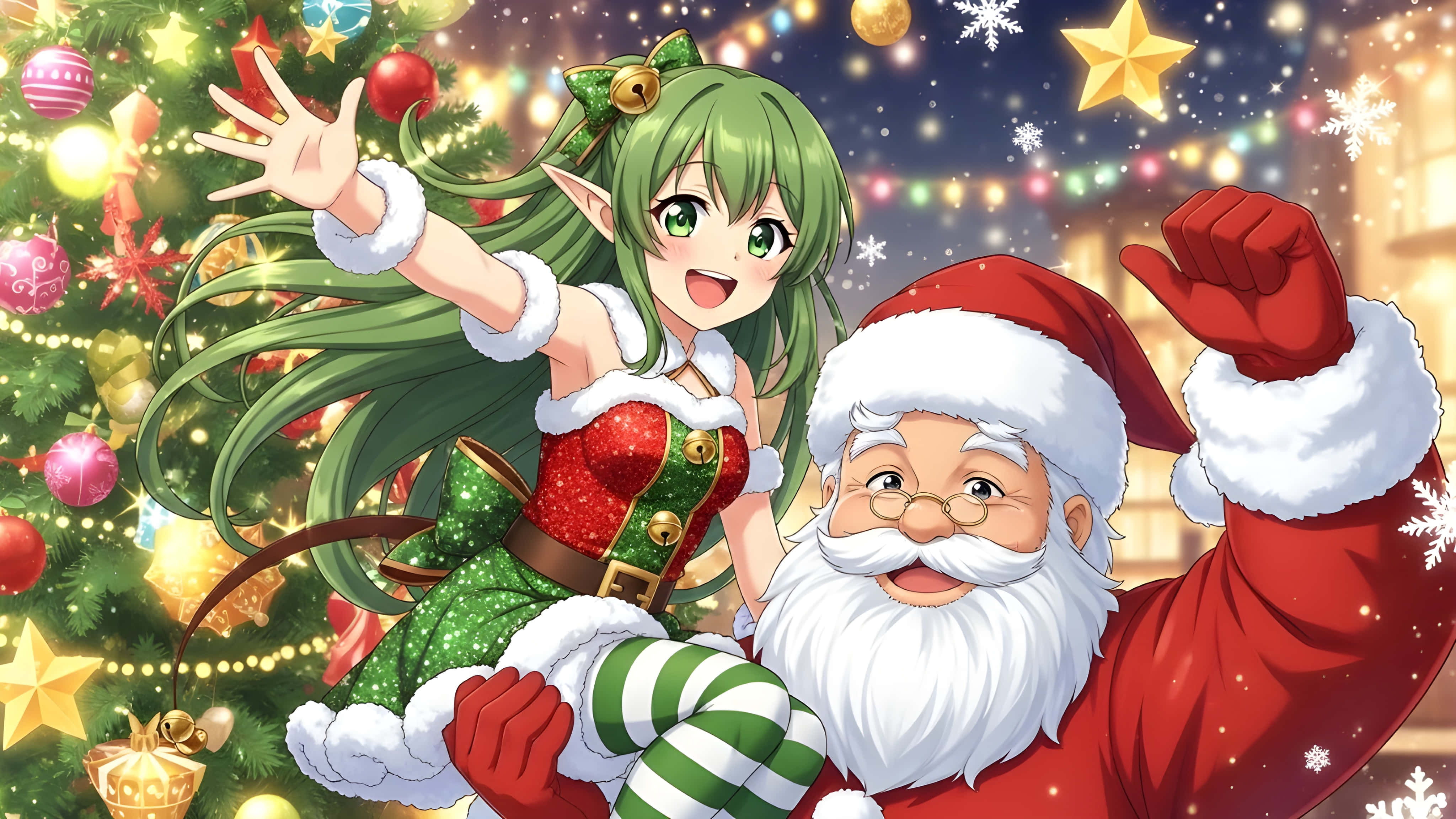 anime elf girl, green hair, Santa Claus, 4K Desktop Wallpaper