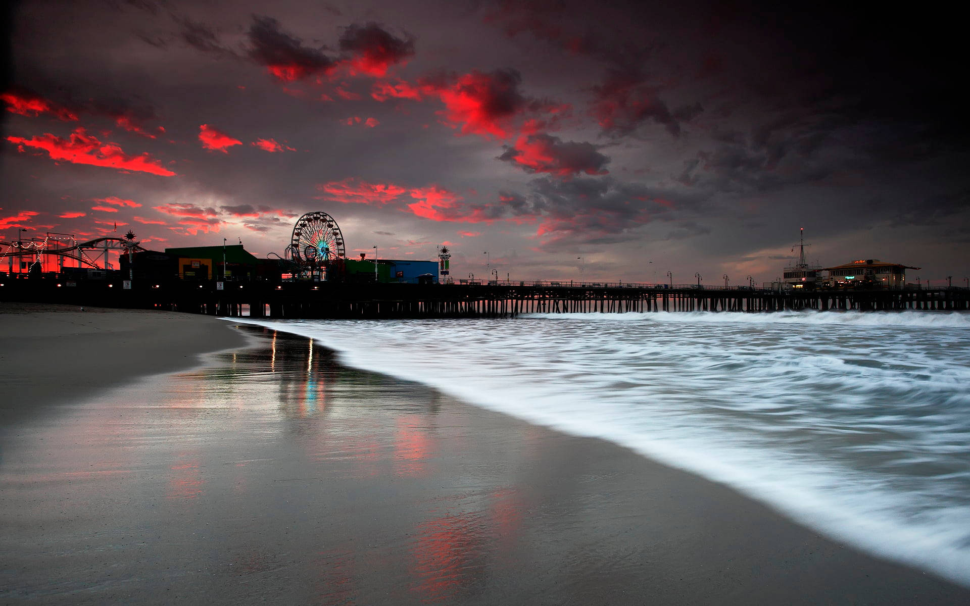 Santa Monica, red clouds, pier, Full HD Desktop Wallpaper