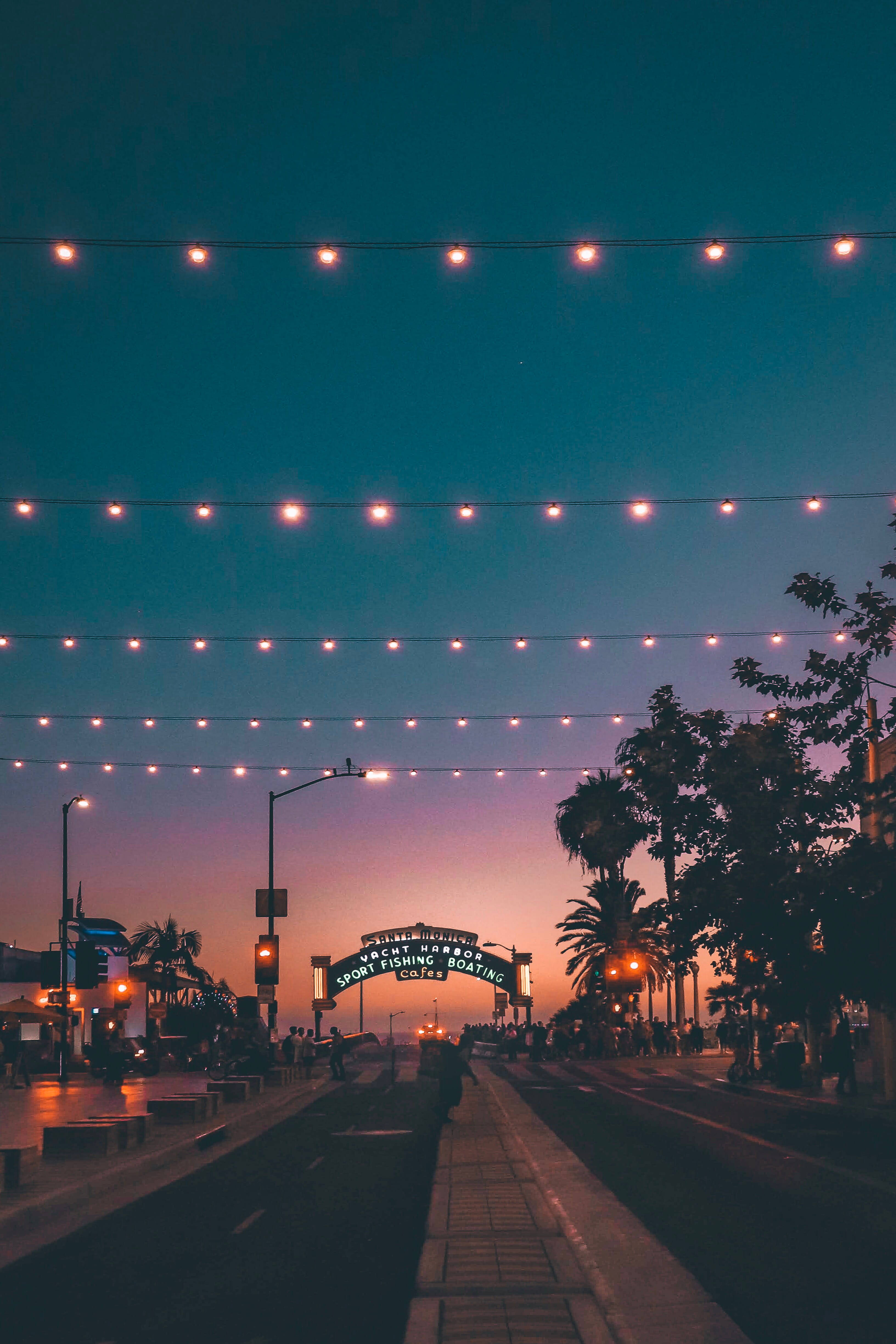 Santa Monica, street lights, twilight sky, 4K Phone Wallpaper