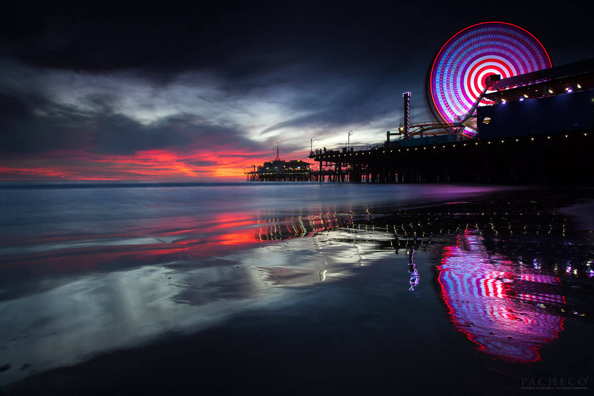 Santa Monica, Ferris wheel, sunset, Full HD Desktop Wallpaper