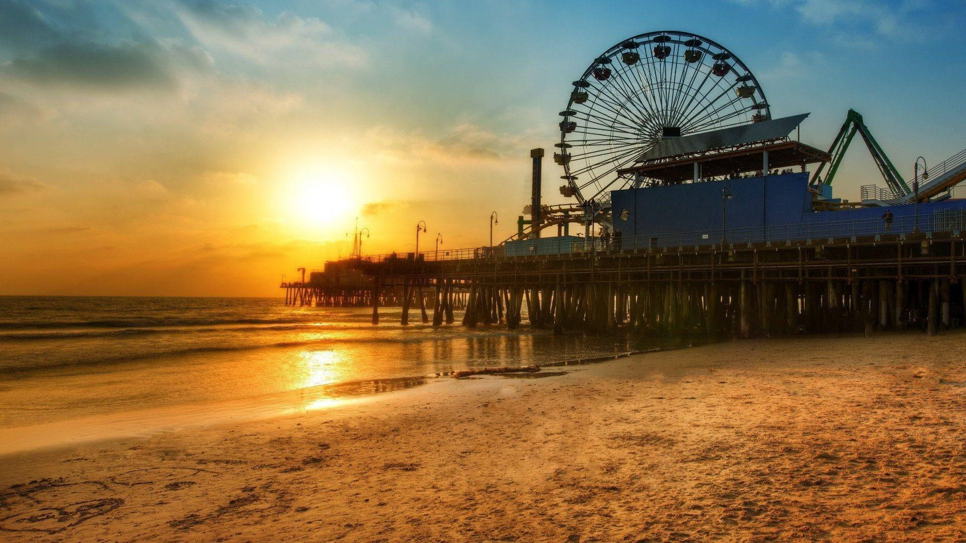 Santa Monica, sunset, beach, Full HD Desktop Wallpaper