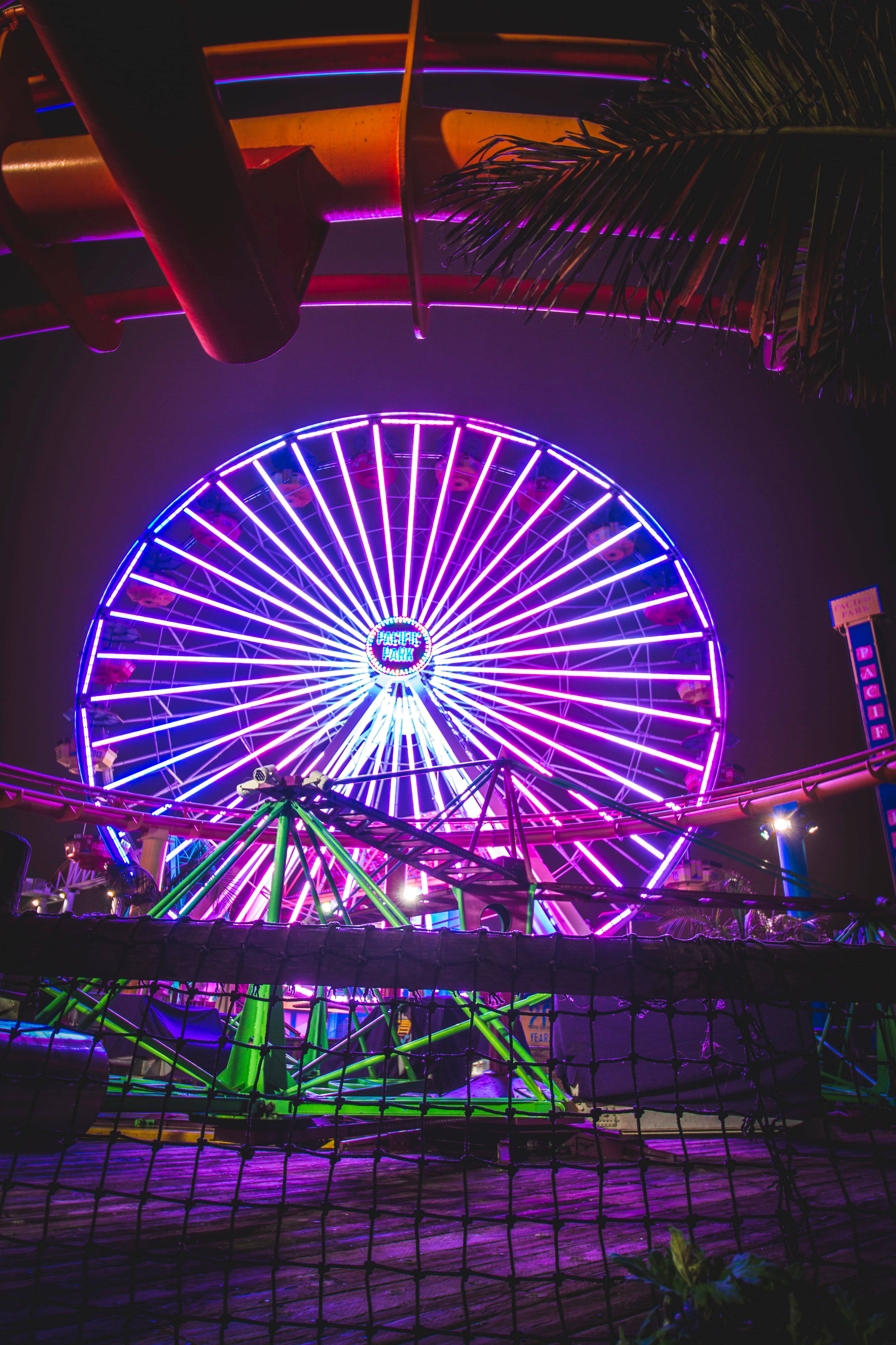 Santa Monica, neon ferris wheel, purple, 5K Phone Wallpaper