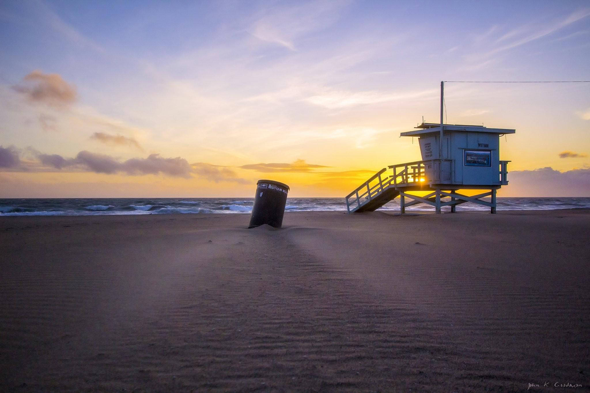 Santa Monica, lifeguard tower, sunset, Full HD Desktop Wallpaper