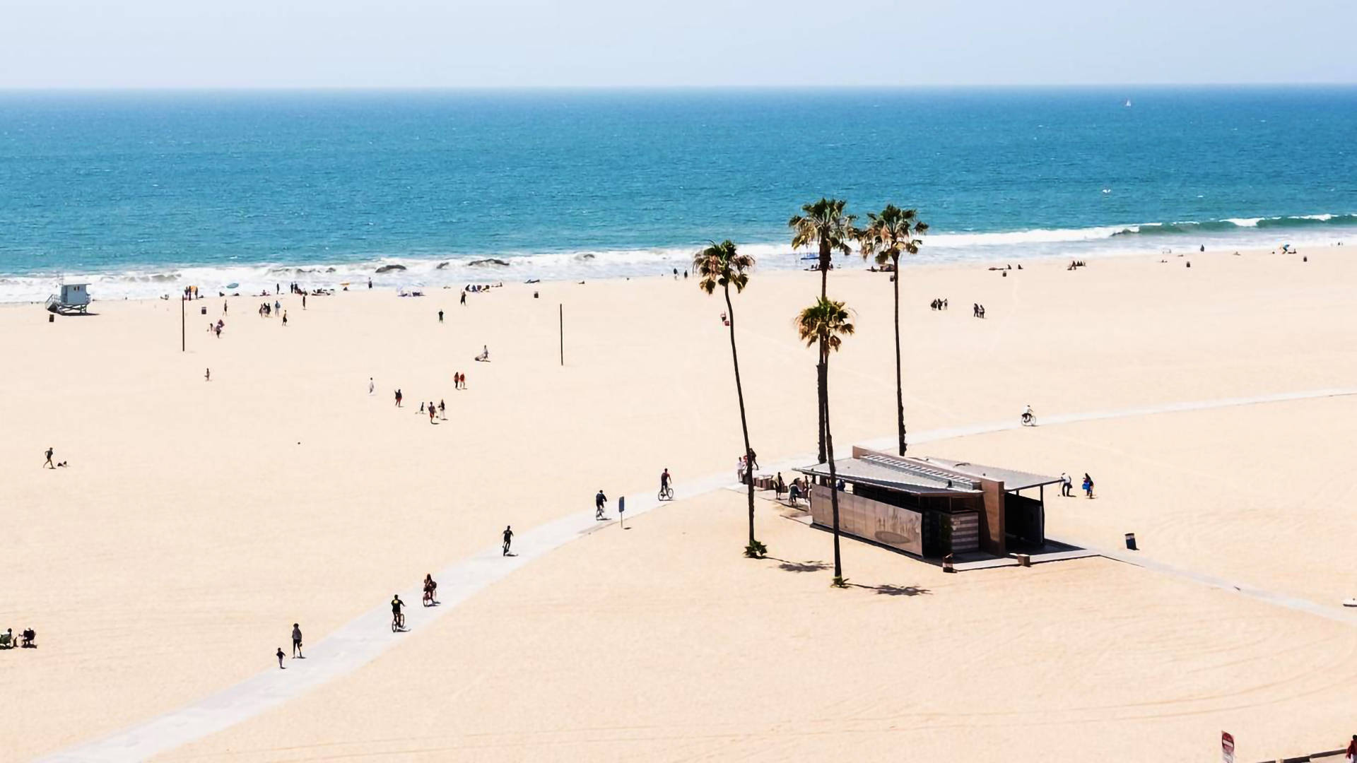 Santa Monica Beach, turquoise ocean, golden sand, Full HD Desktop Wallpaper