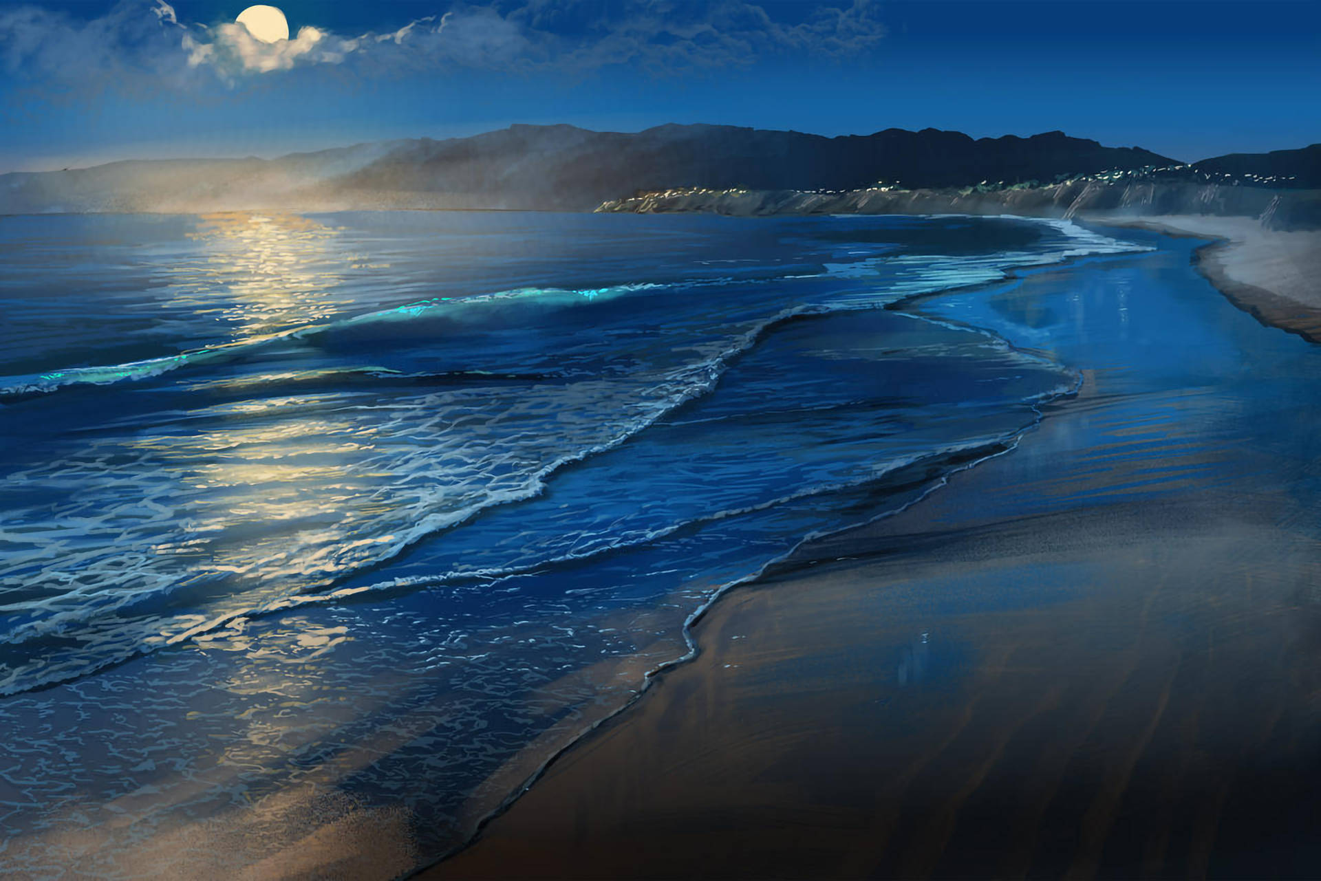 Santa Monica Beach, moonlight, deep blue ocean waves, Full HD Desktop Wallpaper