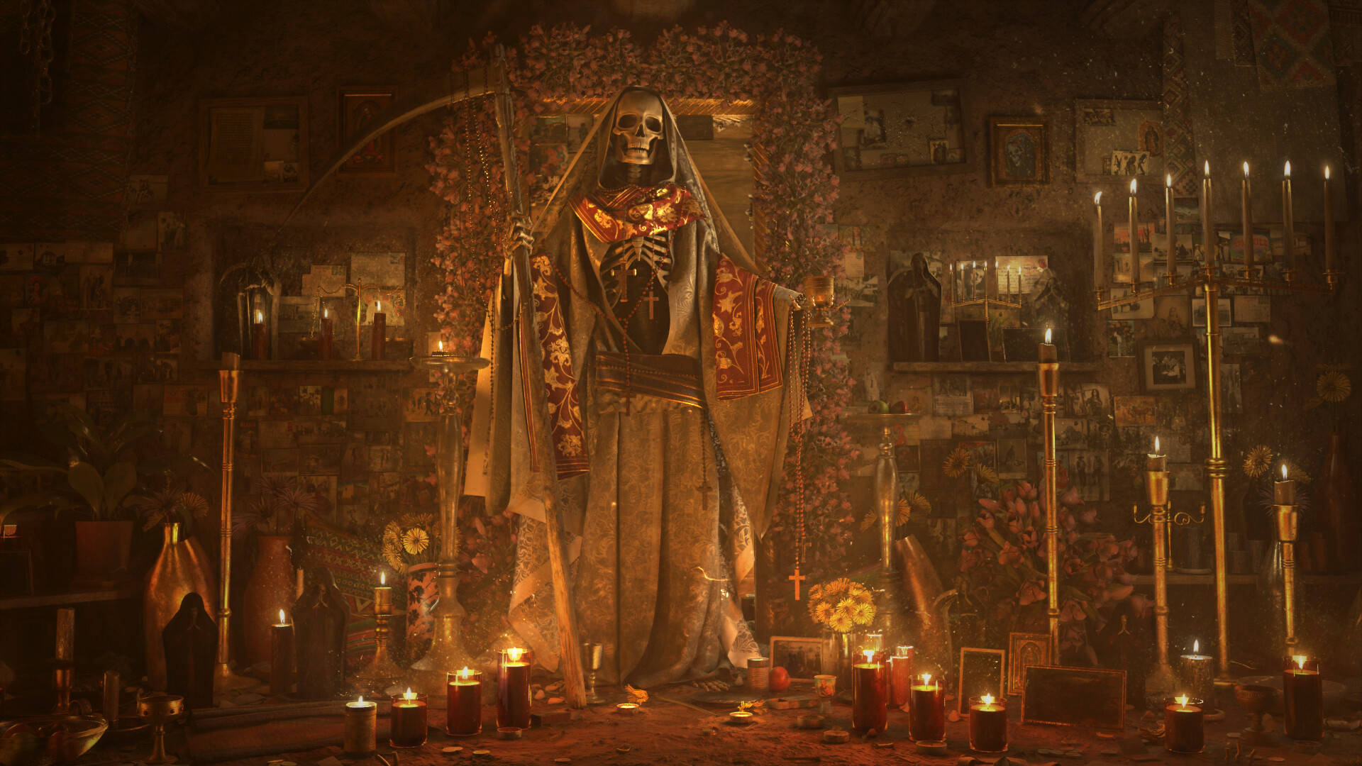 Santa Muerte, candles, cluttered shrine, Full HD Desktop Wallpaper