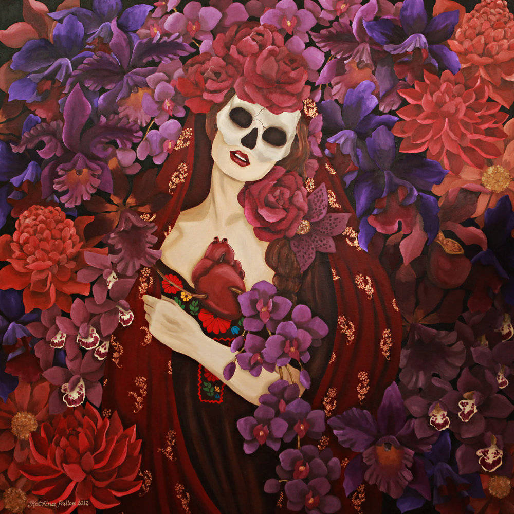 Santa Muerte, red and purple flowers, heart, SD Desktop Wallpaper