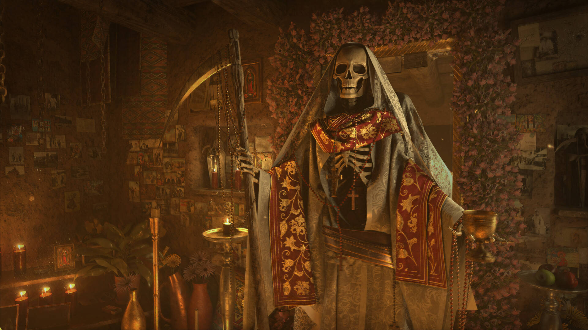 Santa Muerte, candlelit chapel, ornate religious robes, Full HD Desktop Wallpaper