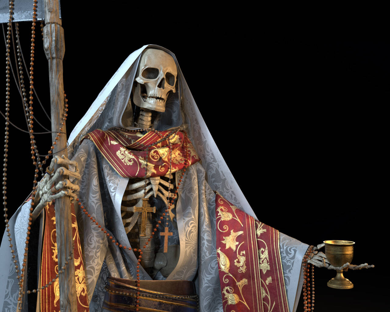 Santa Muerte, skeletal figure, ornate religious robes, HD Desktop Wallpaper