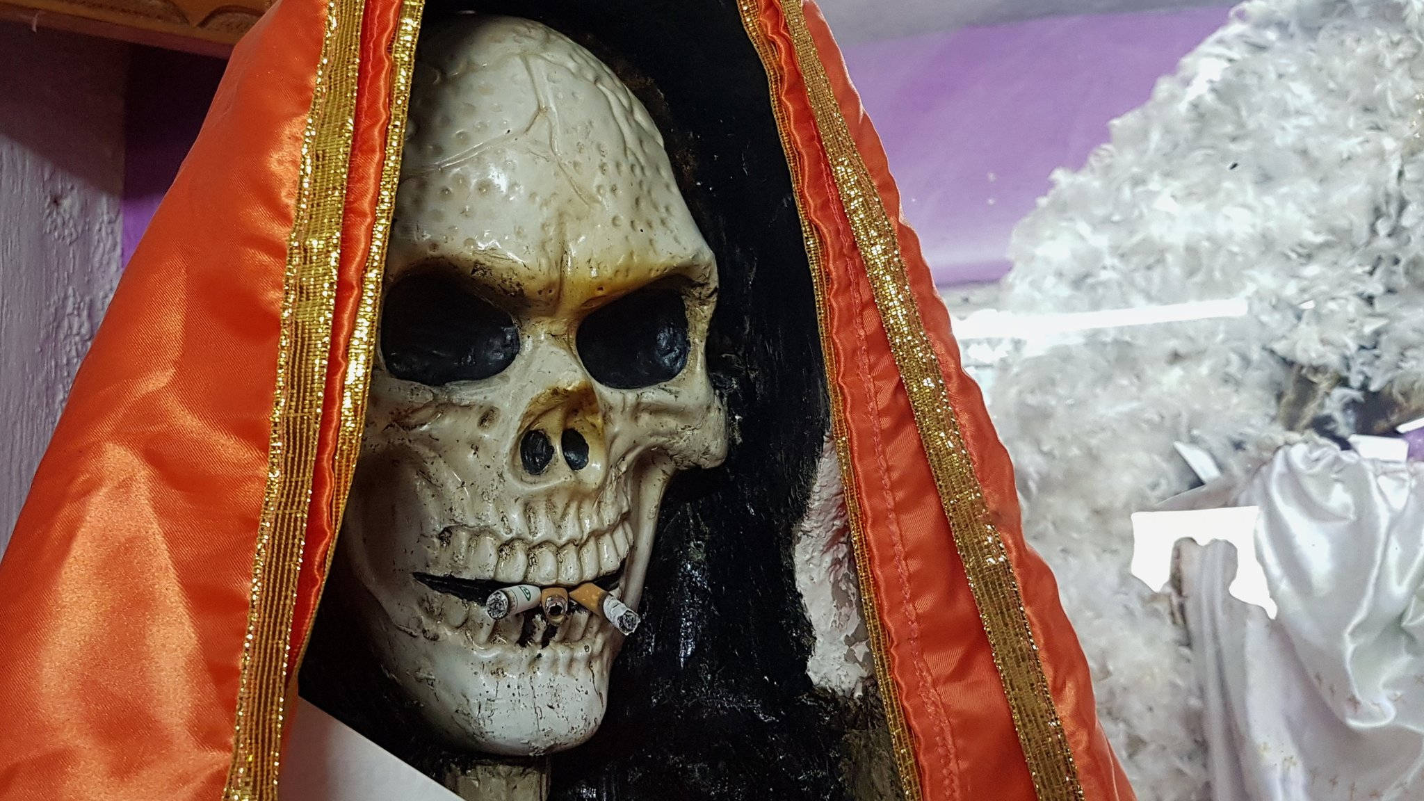 Santa Muerte, orange hooded robe, gold trim, Full HD Desktop Wallpaper