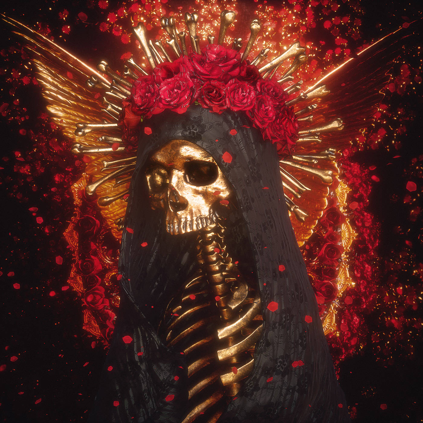 Santa Muerte, golden skeletal figure, angel wings, HD Desktop Wallpaper
