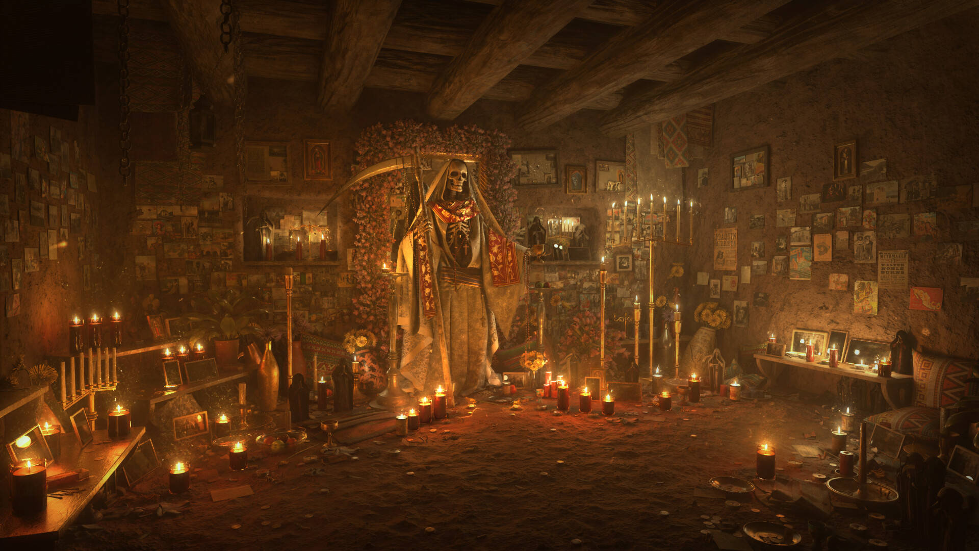 Santa Muerte, candles, statue, Full HD Desktop Wallpaper