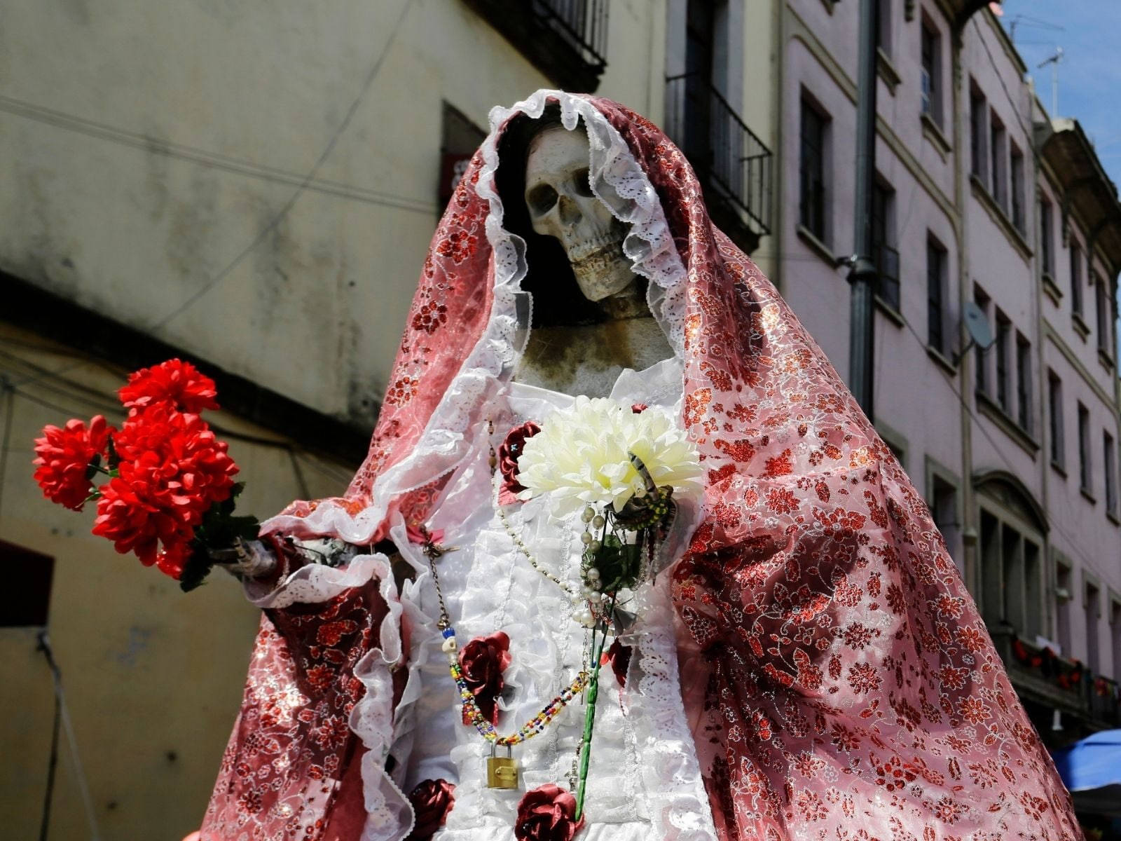 Santa Muerte, red floral veil, white lace gown, HD Desktop Wallpaper