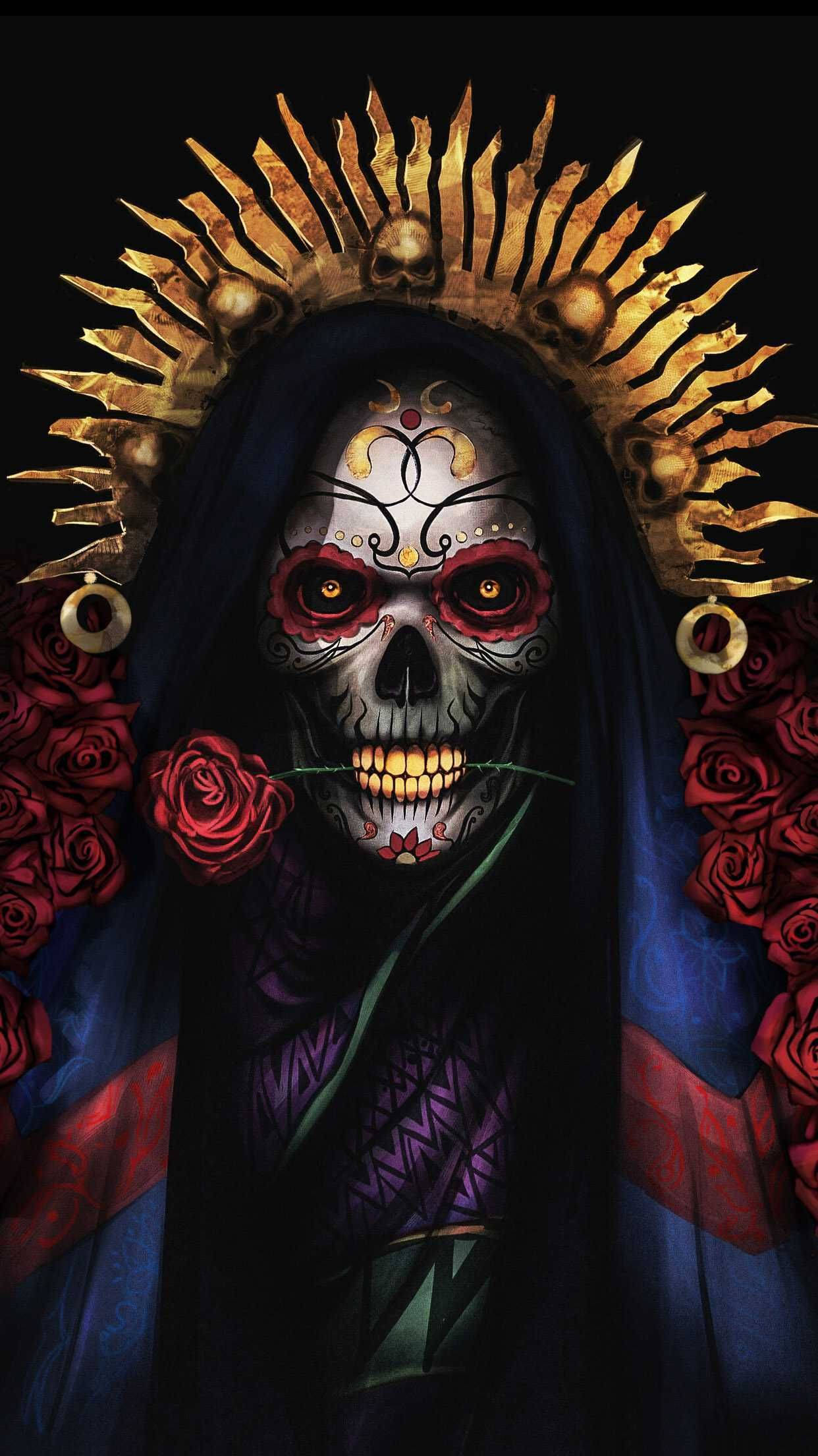 Santa Muerte, sugar skull, golden spikes, Full HD Phone Wallpaper