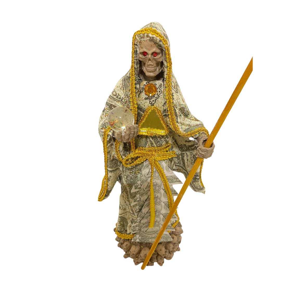 Santa Muerte, gold-trimmed robes, glowing orb, SD Desktop Wallpaper