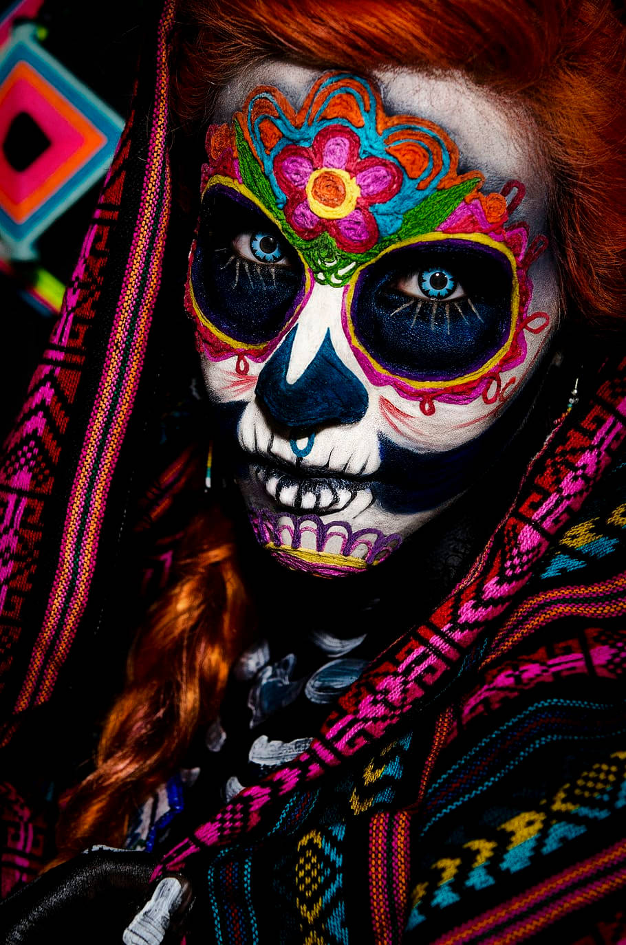 Santa Muerte, sugar skull makeup, colorful traditional clothing, HD Phone Wallpaper