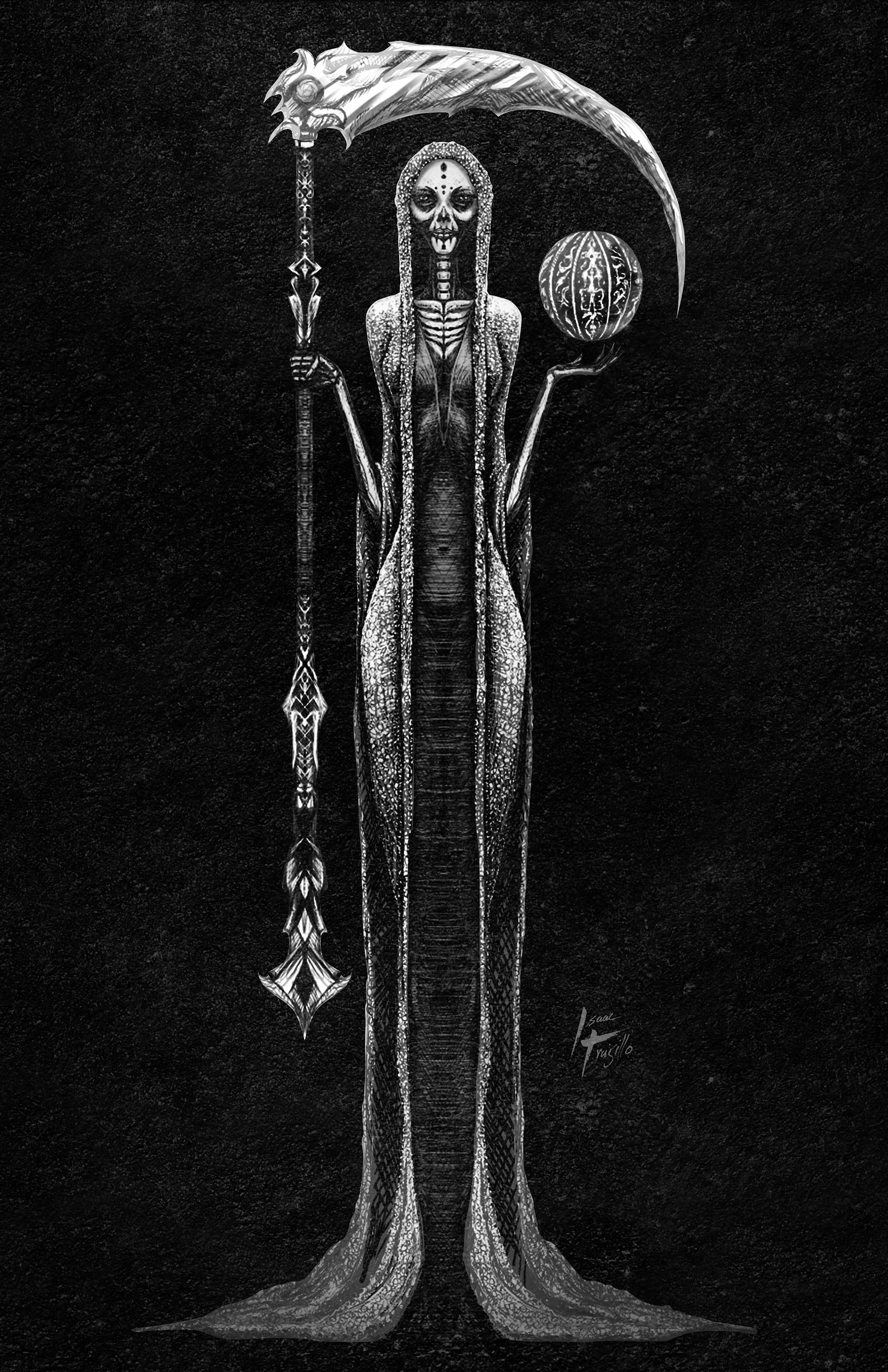 Santa Muerte, skeletal figure, long robe, 2K Phone Wallpaper