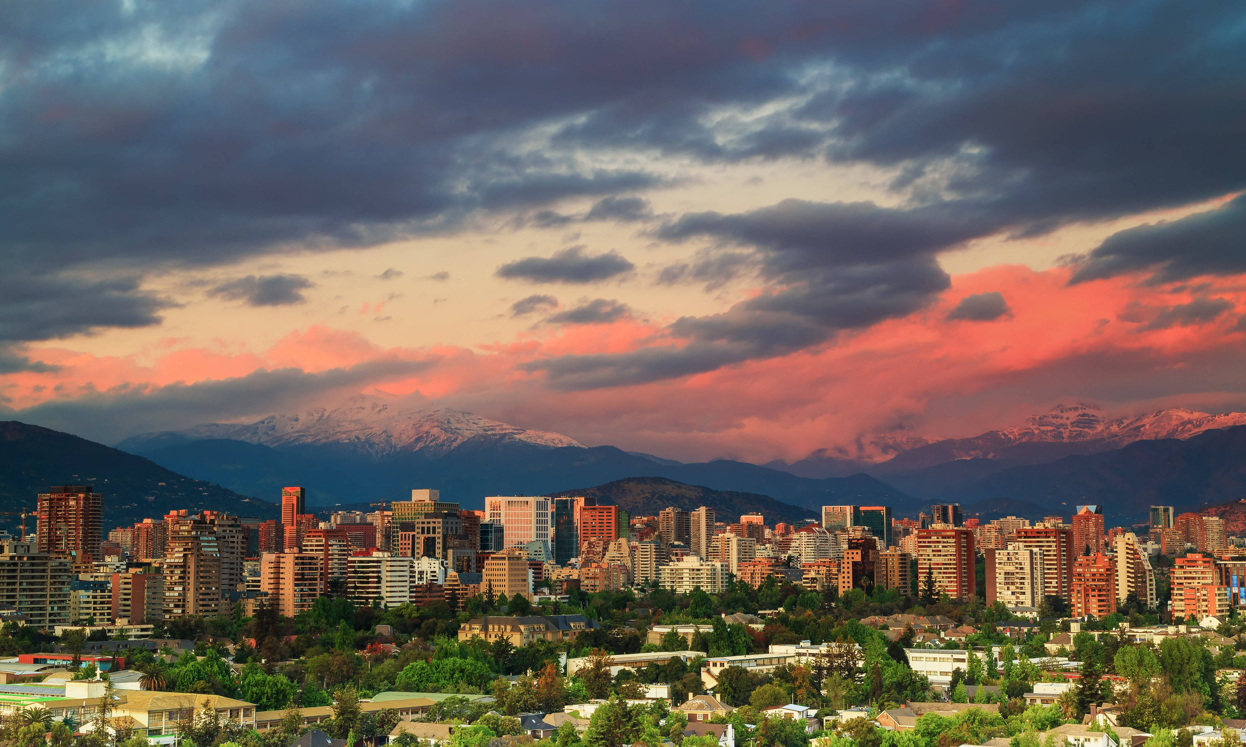 Santiago Chile, sunset, snow-capped mountains, 4K Desktop Wallpaper