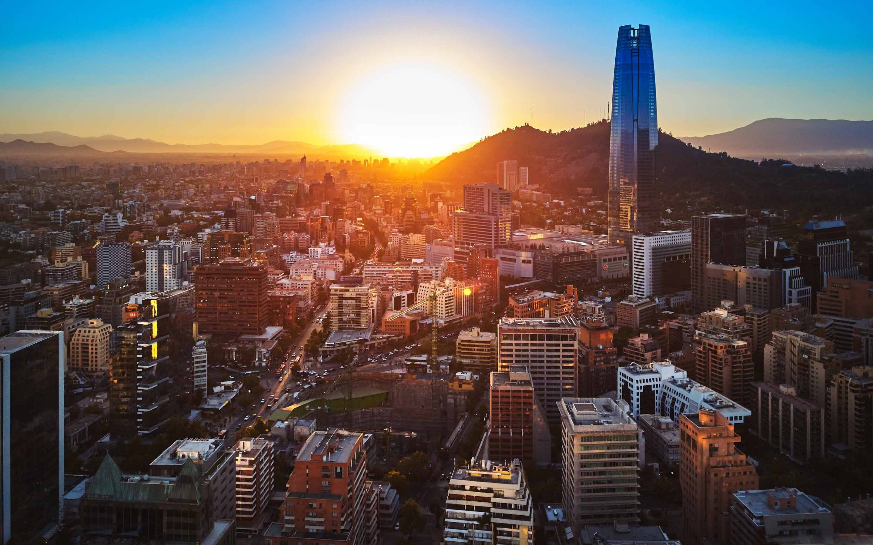 Santiago Chile, Sunset, skyscraper, 2K Desktop Wallpaper