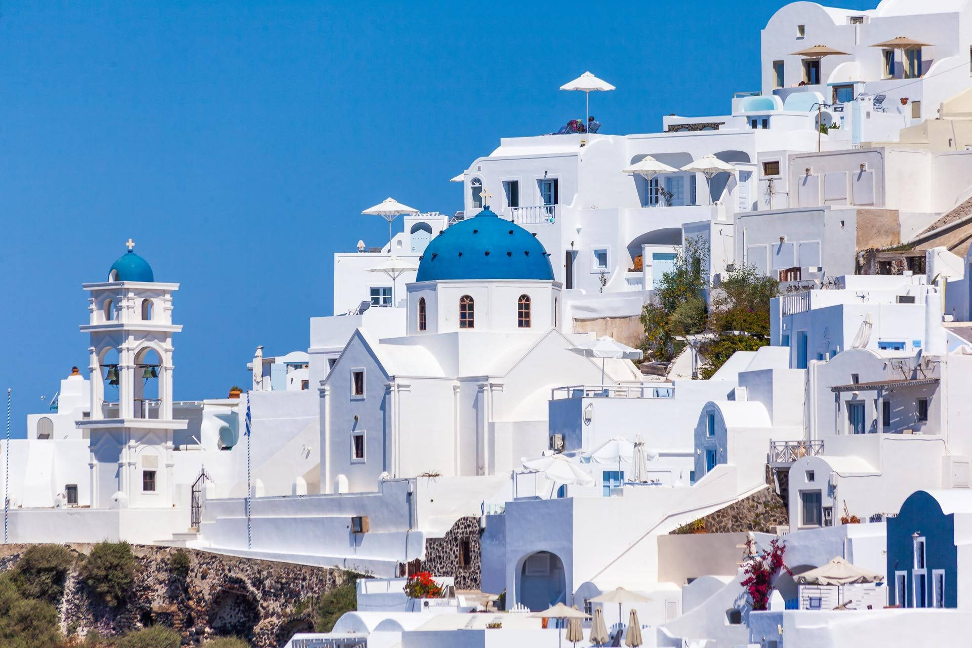 Santorini, white-washed buildings, blue domes, Full HD Desktop Wallpaper
