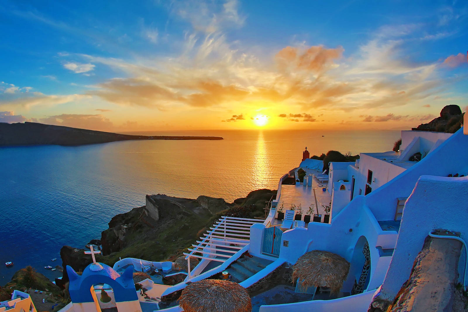 Santorini, Yellow Sunset, gold, HD Desktop Wallpaper