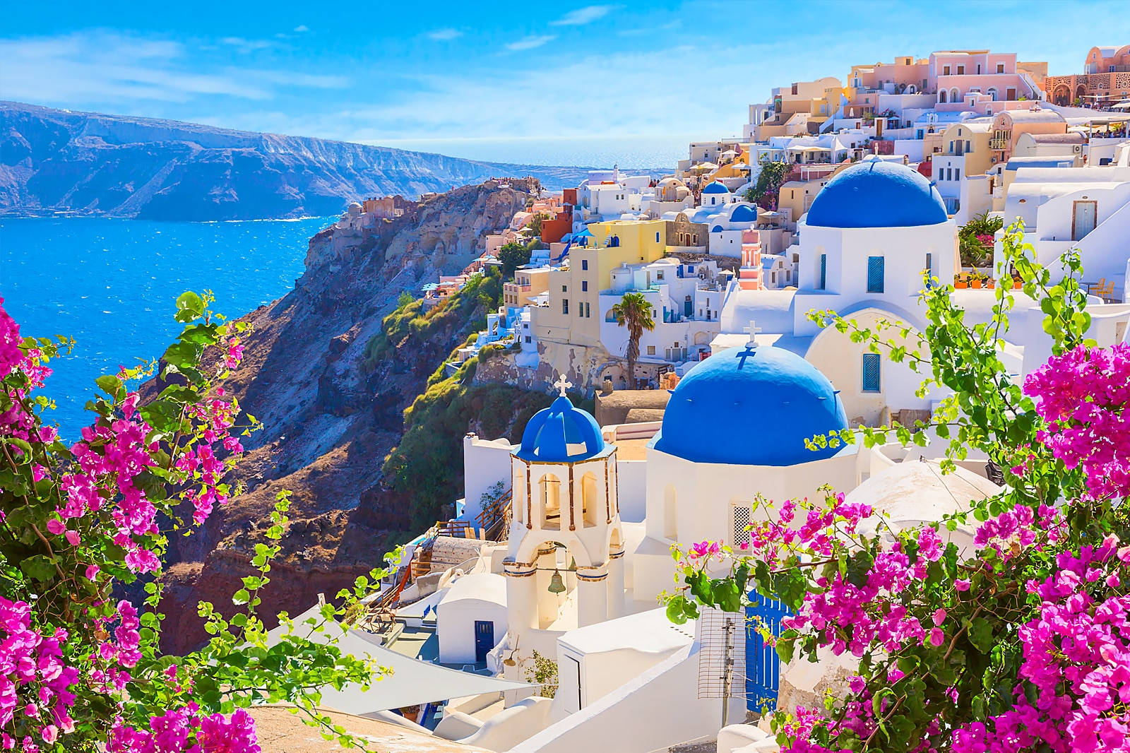 Santorini, pink bougainvillea, white-washed Greek village, HD Desktop Wallpaper