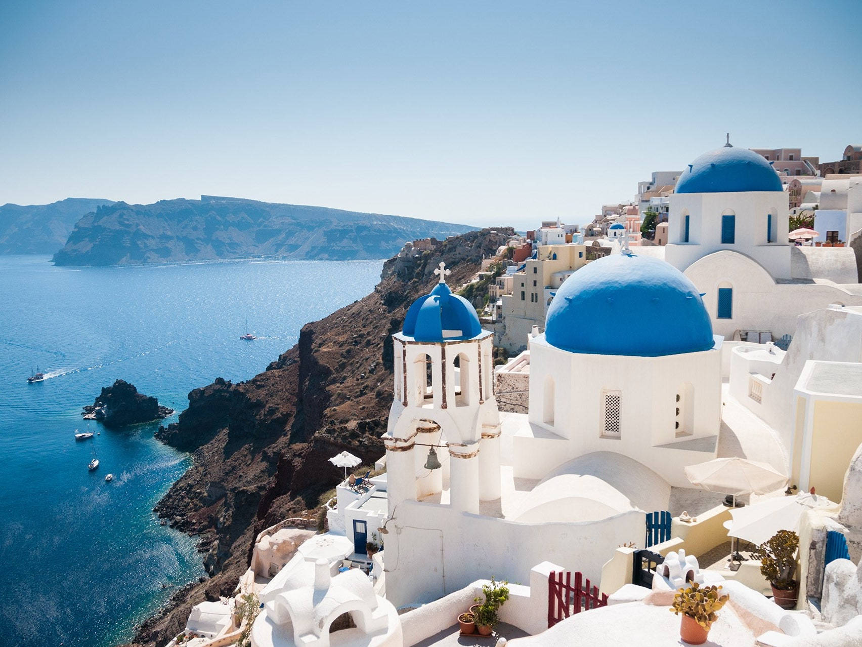 Santorini, blue domes, white-washed buildings, HD Desktop Wallpaper