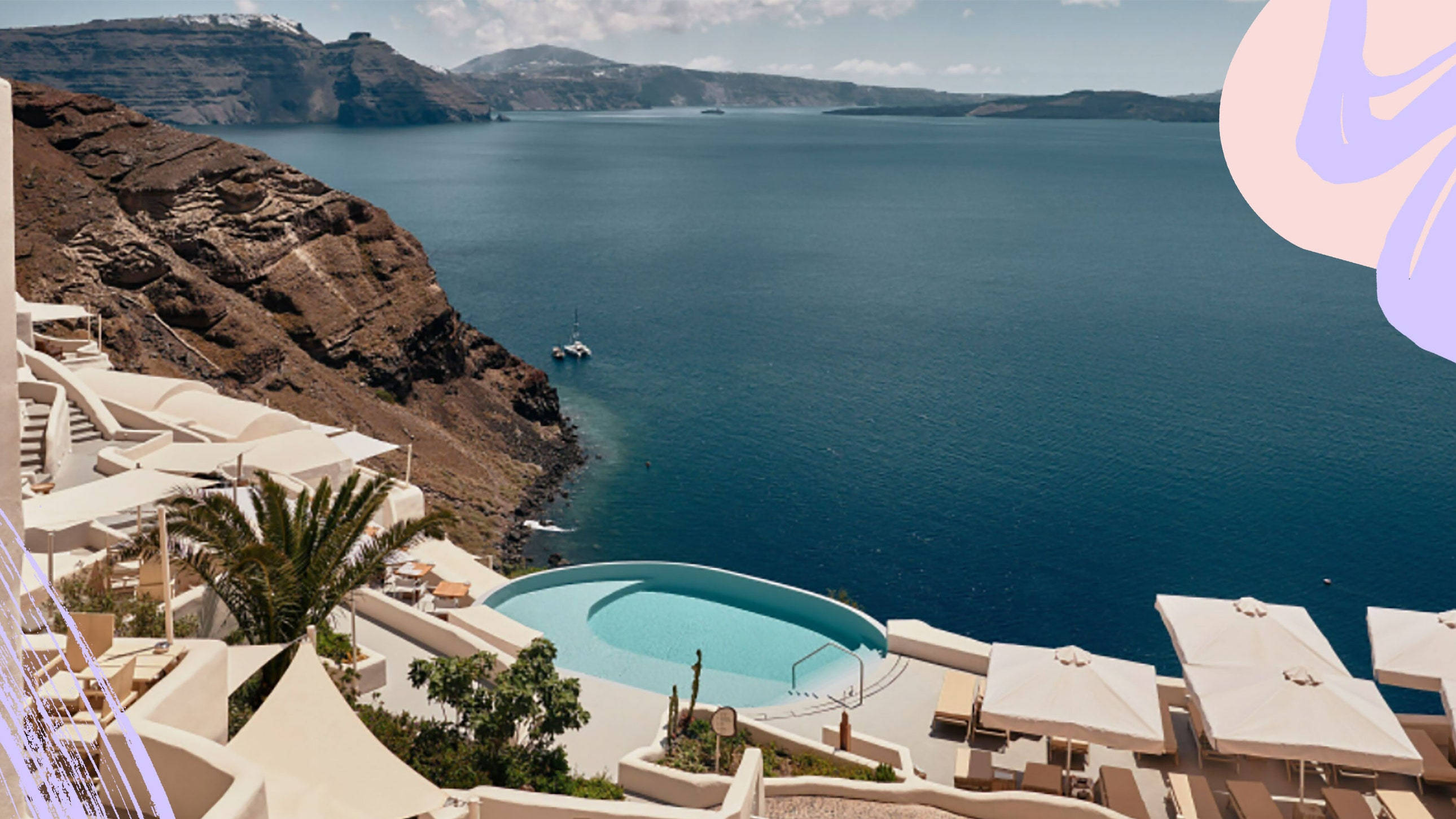Santorini, cliffside infinity pool, deep blue Aegean Sea, 2K Desktop Wallpaper