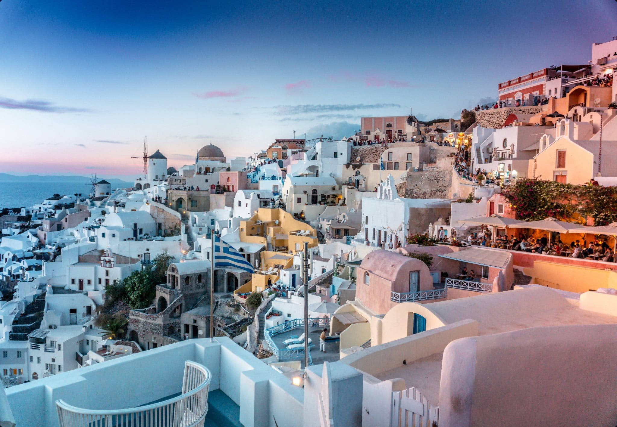 Santorini, white-washed buildings, cliffs, Full HD Desktop Wallpaper