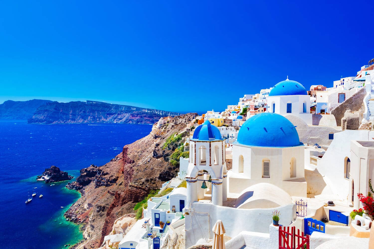 Santorini, blue domed churches, sunlit cliff, HD Desktop Wallpaper