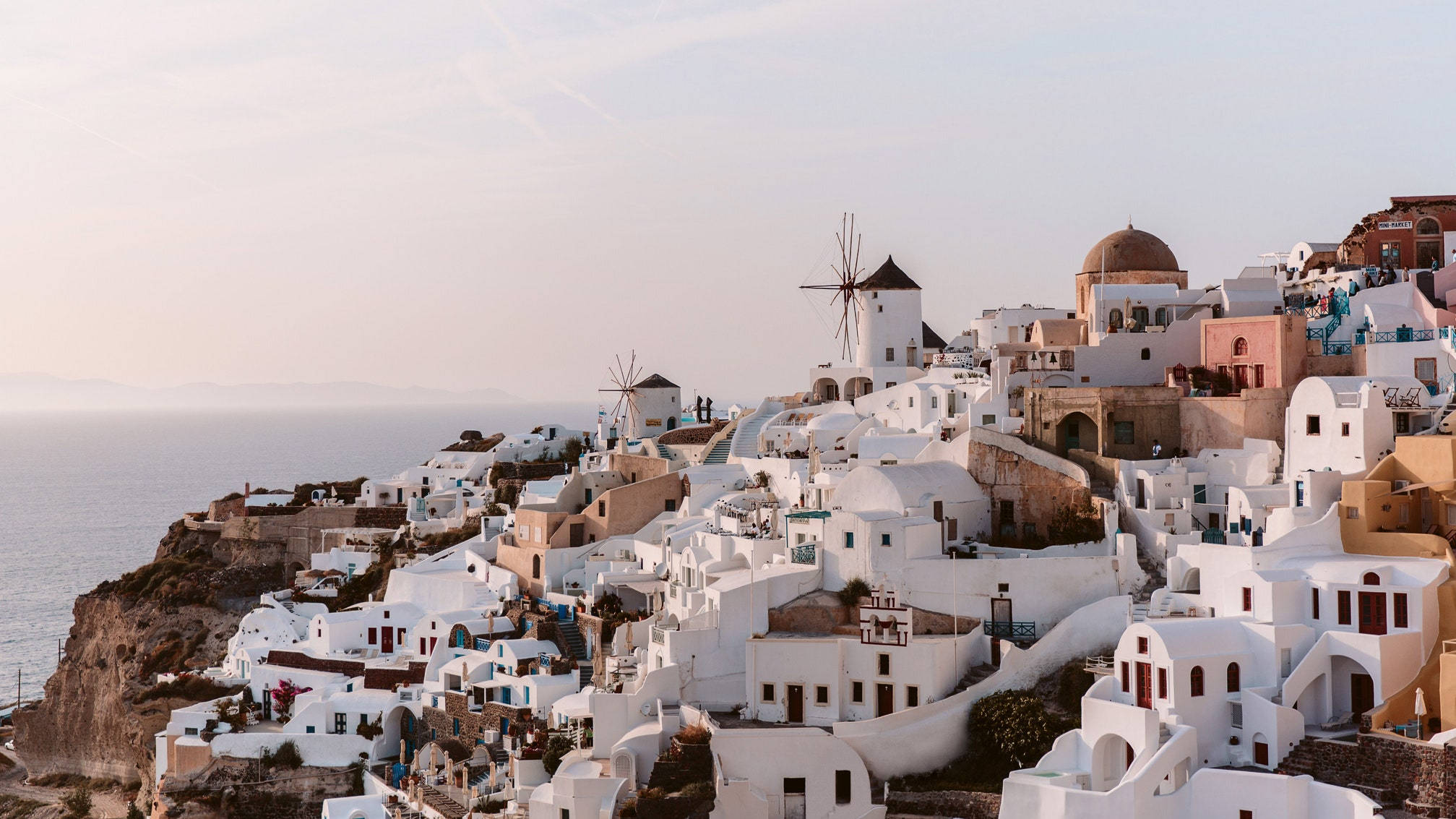 Santorini, white-washed cliffside village, domed churches, Full HD Desktop Wallpaper