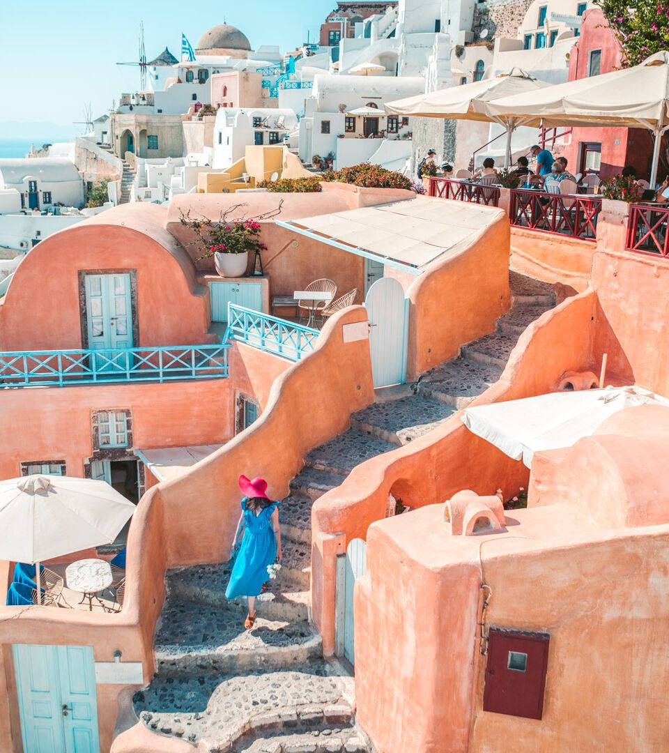 Santorini, beige walls, blue dress, SD Phone Wallpaper