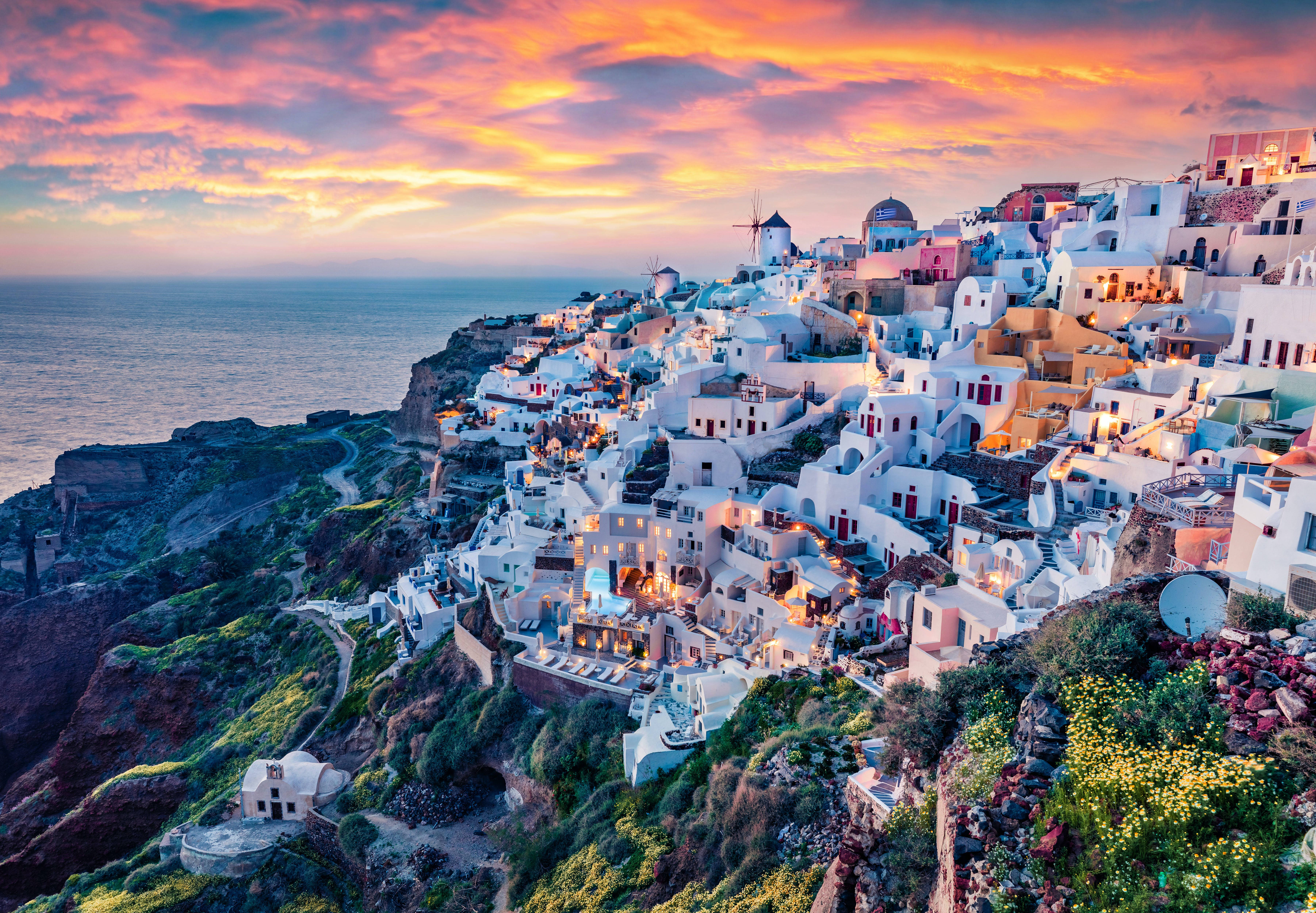 Santorini, orange skies, white-washed cliffside village, 5K Desktop Wallpaper