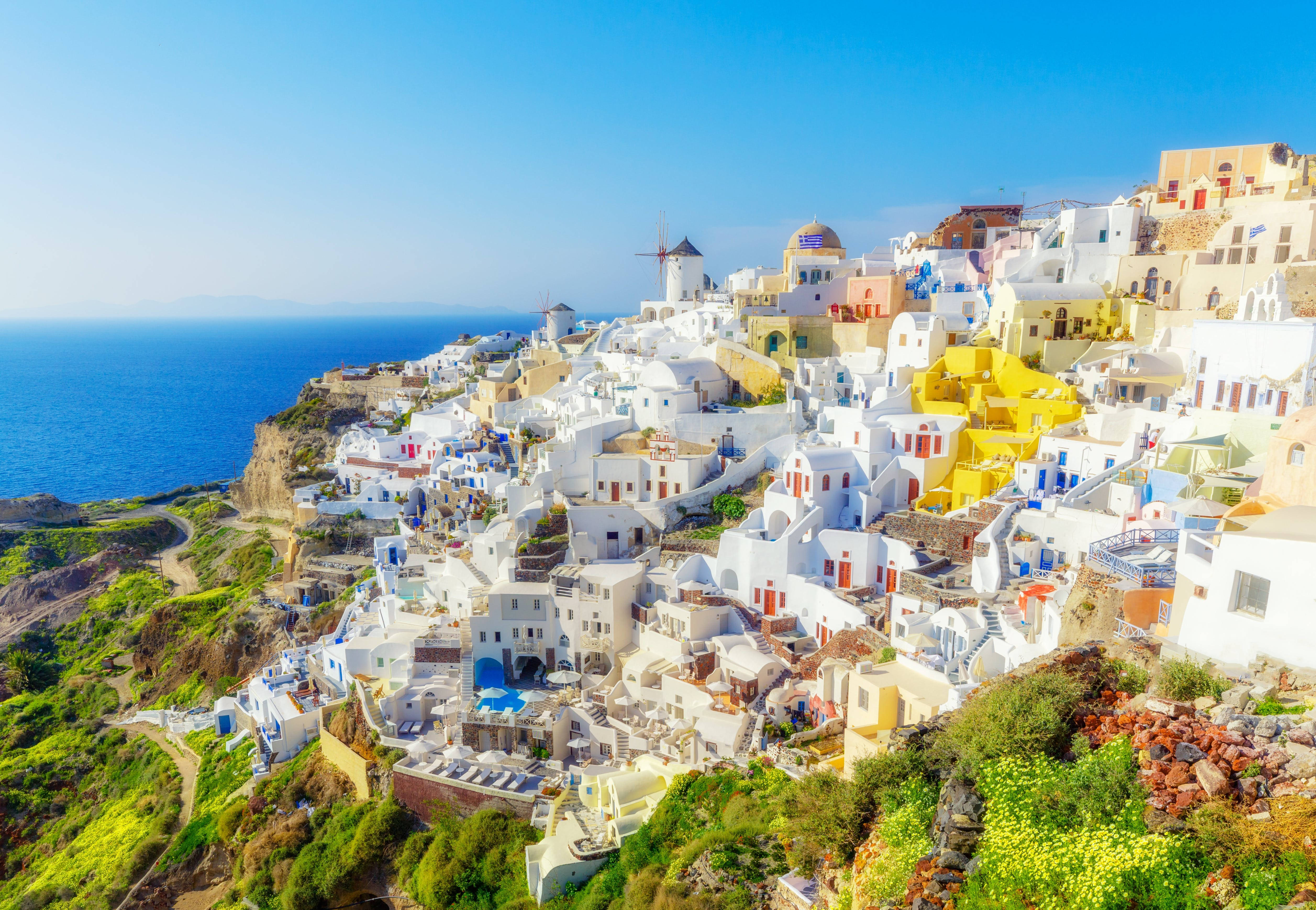 Santorini, white houses, pastel houses, 4K Desktop Wallpaper