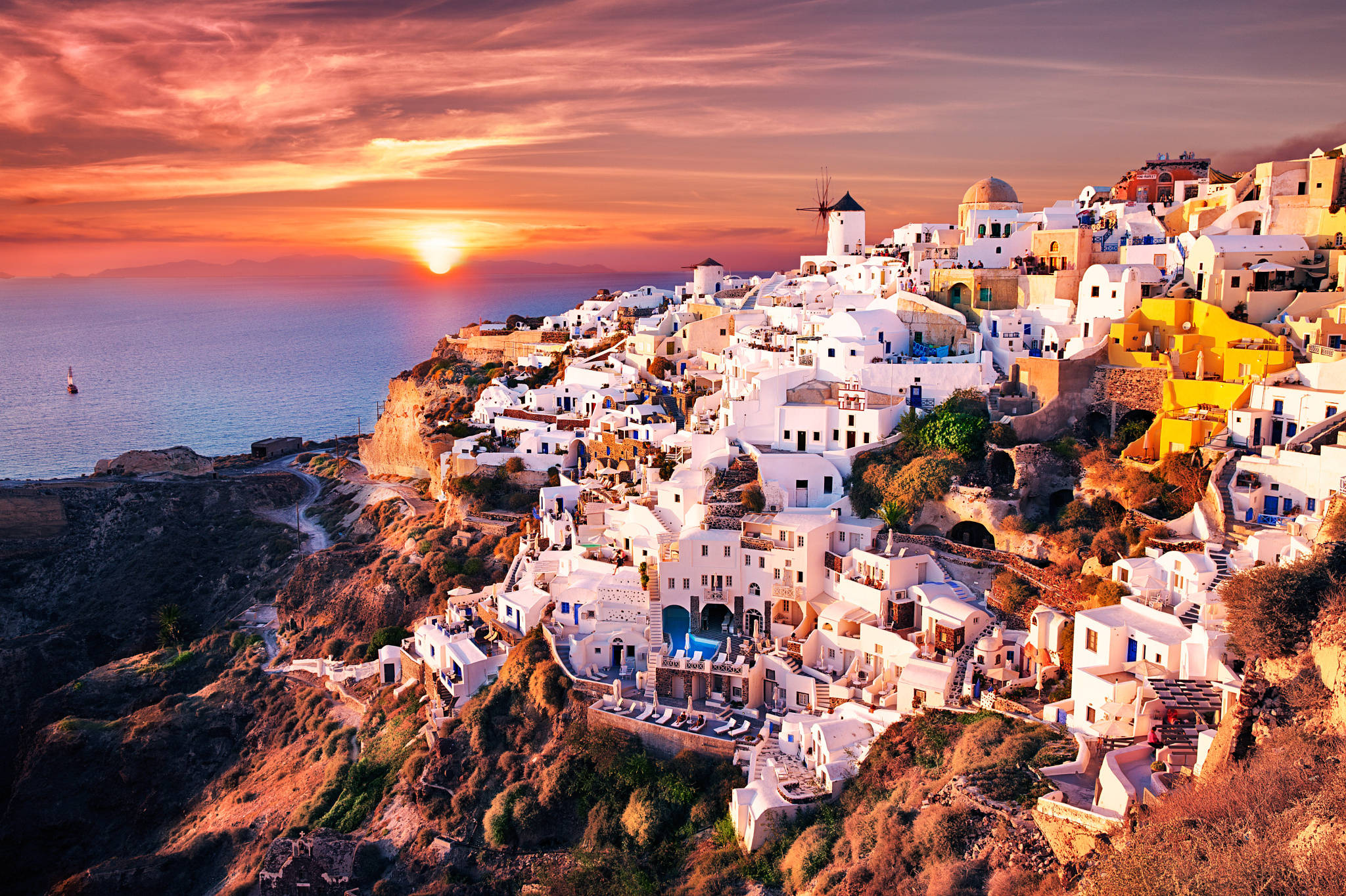 Santorini, sunset, fiery orange, Full HD Desktop Wallpaper