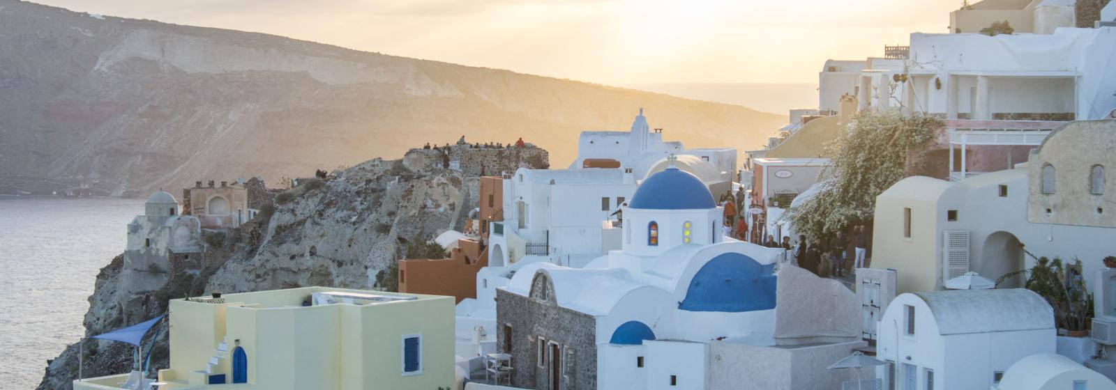 Santorini, white-washed buildings, blue domes, HD Desktop Wallpaper