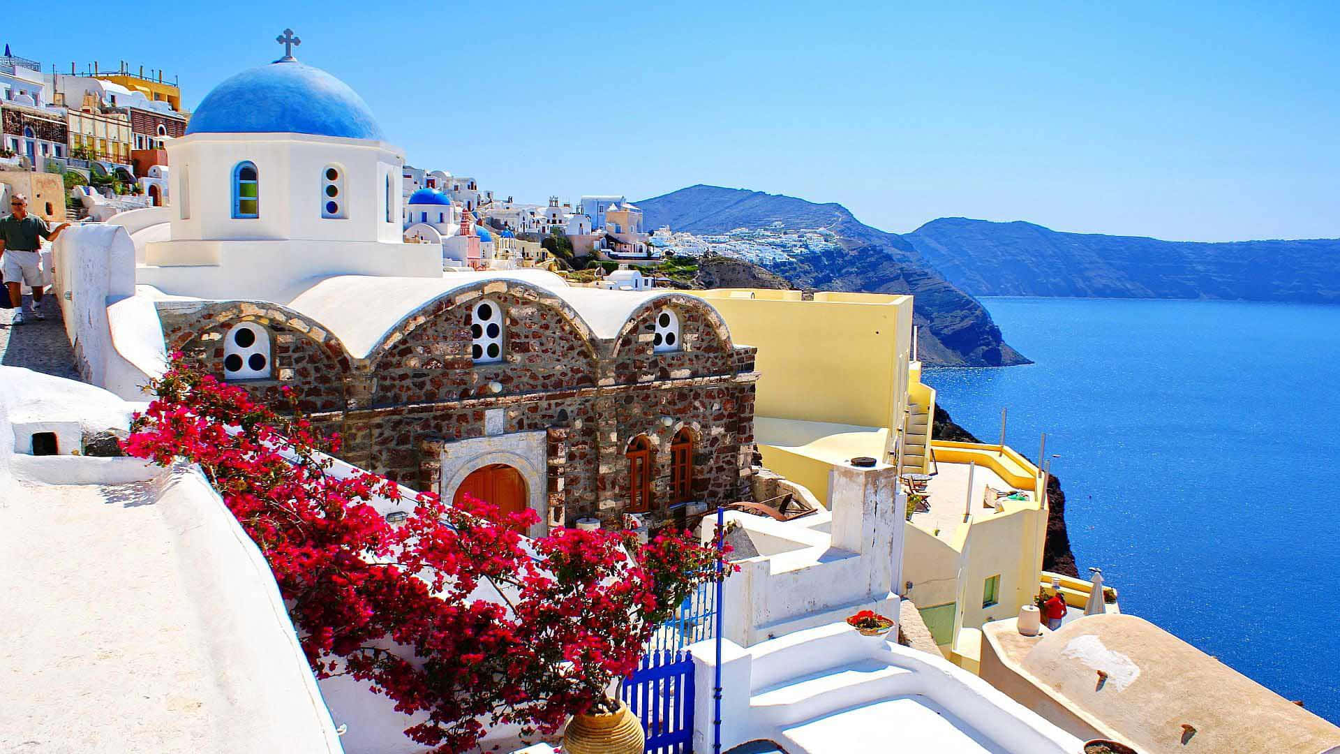 Santorini, blue dome church, red bougainvillea, Full HD Desktop Wallpaper