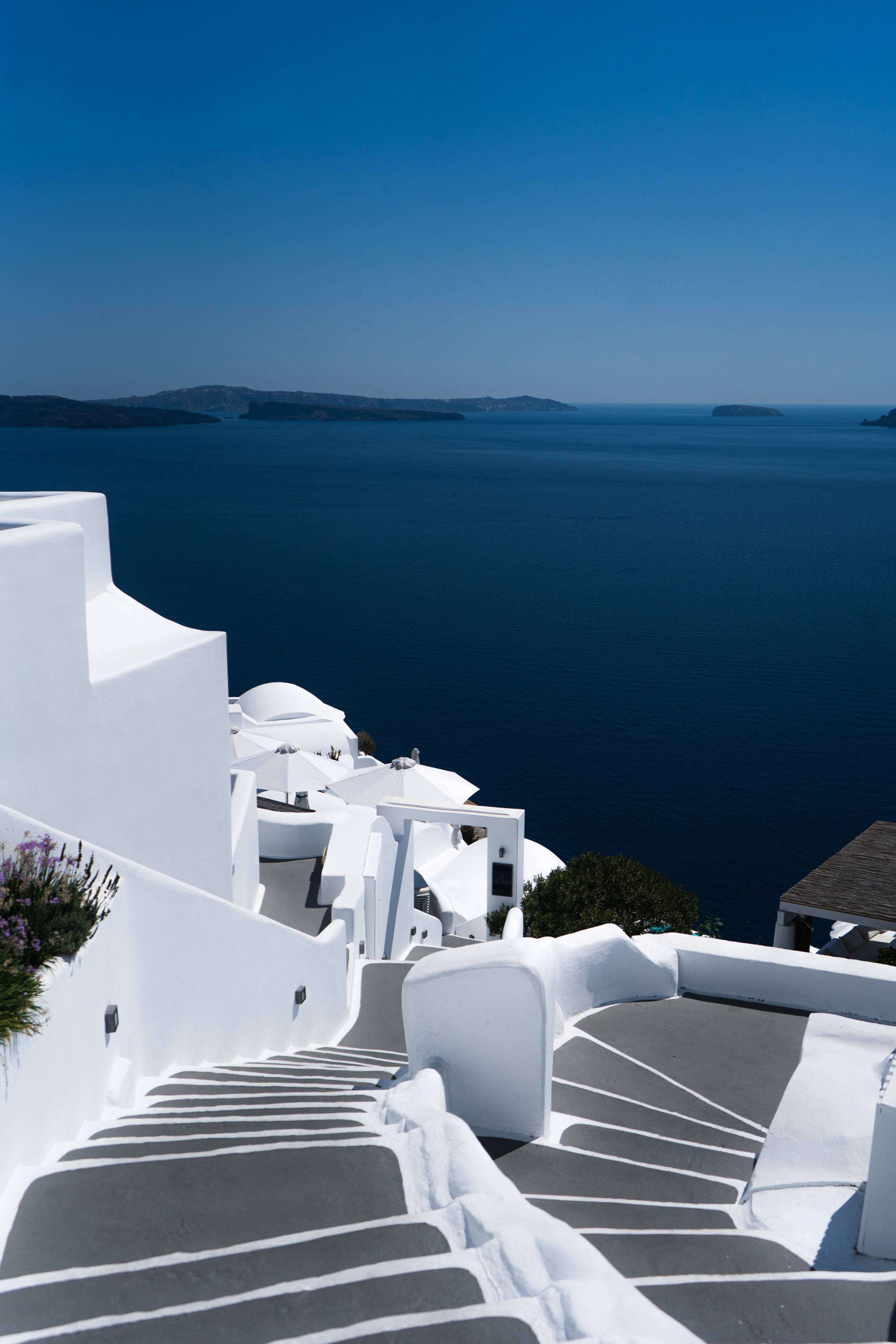 Santorini, white-washed, cliffside, 4K Phone Wallpaper