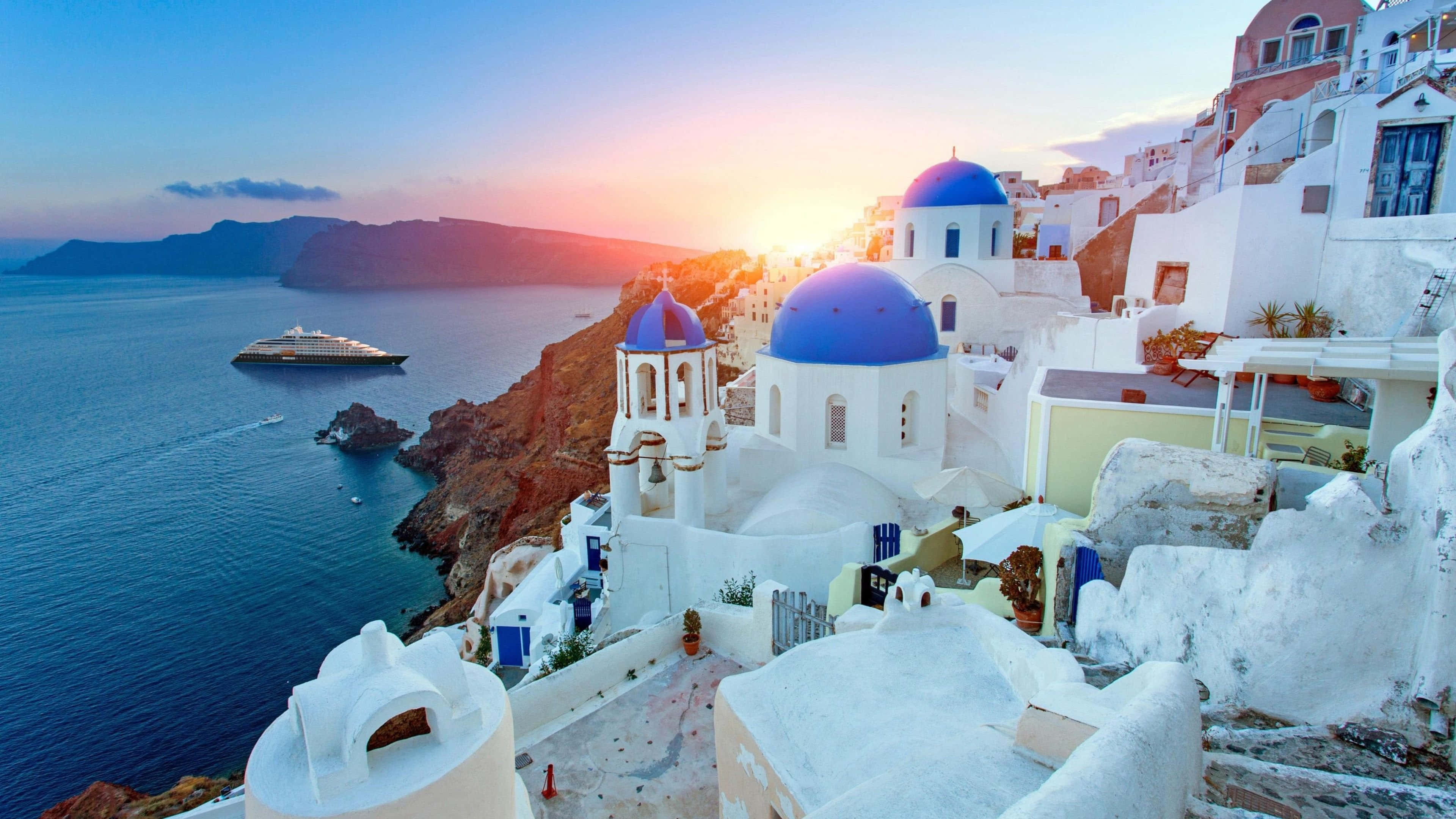 Santorini, sunset, blue domes, 4K Desktop Wallpaper