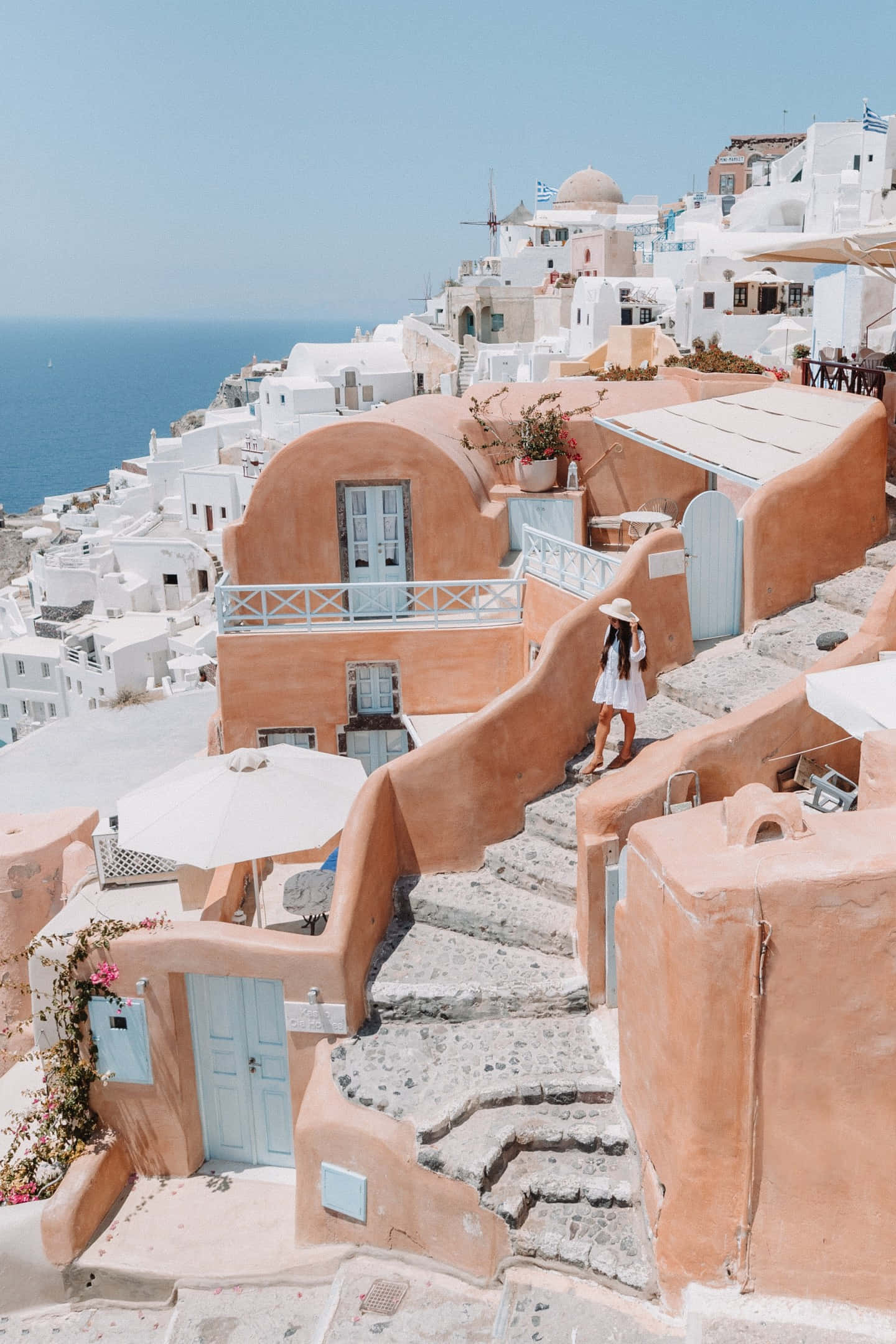 Santorini, white dress, stone stairs, Full HD Phone Wallpaper