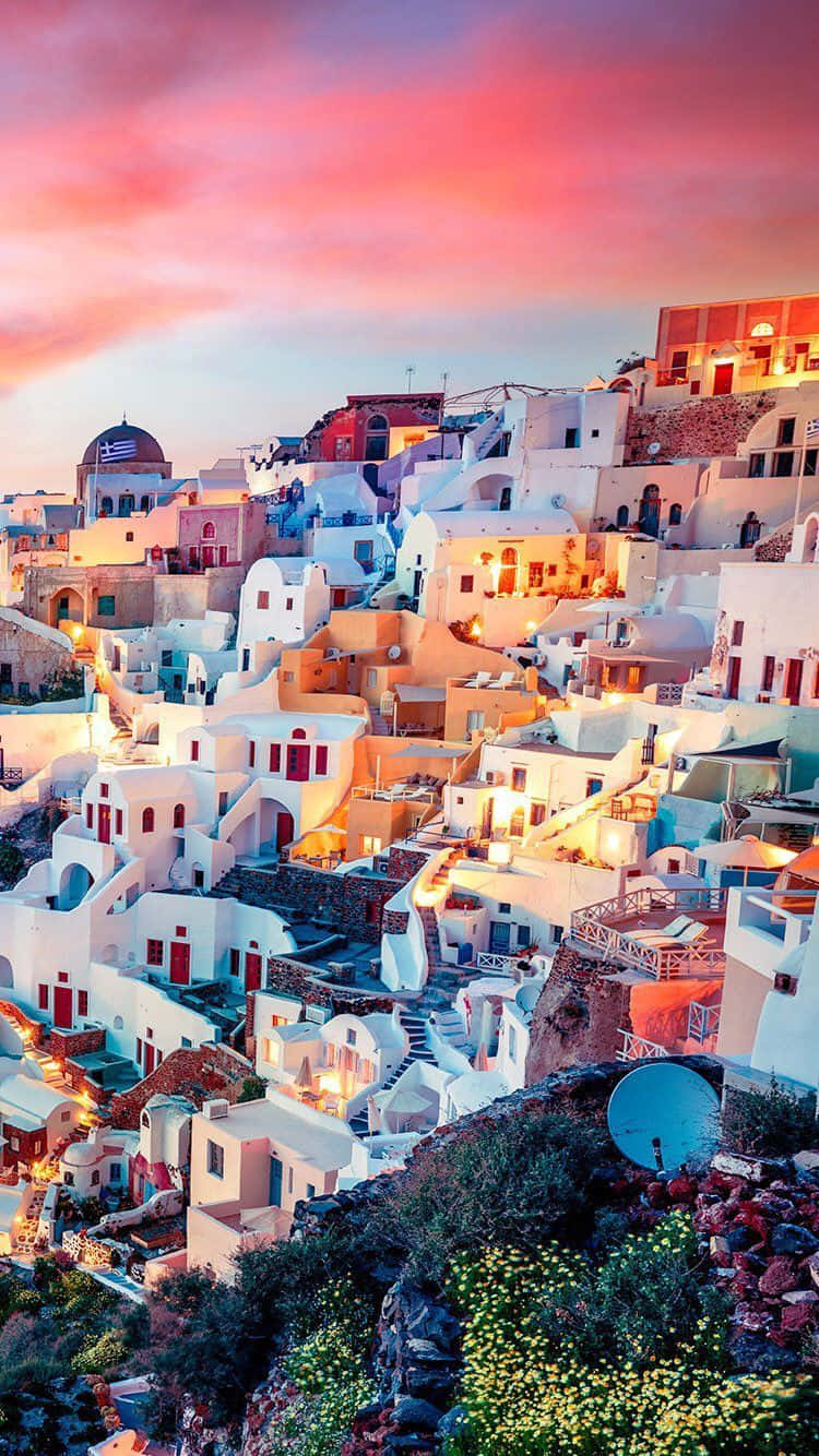 Santorini, white-washed cliffside village, pink and orange sunset sky, HD Phone Wallpaper