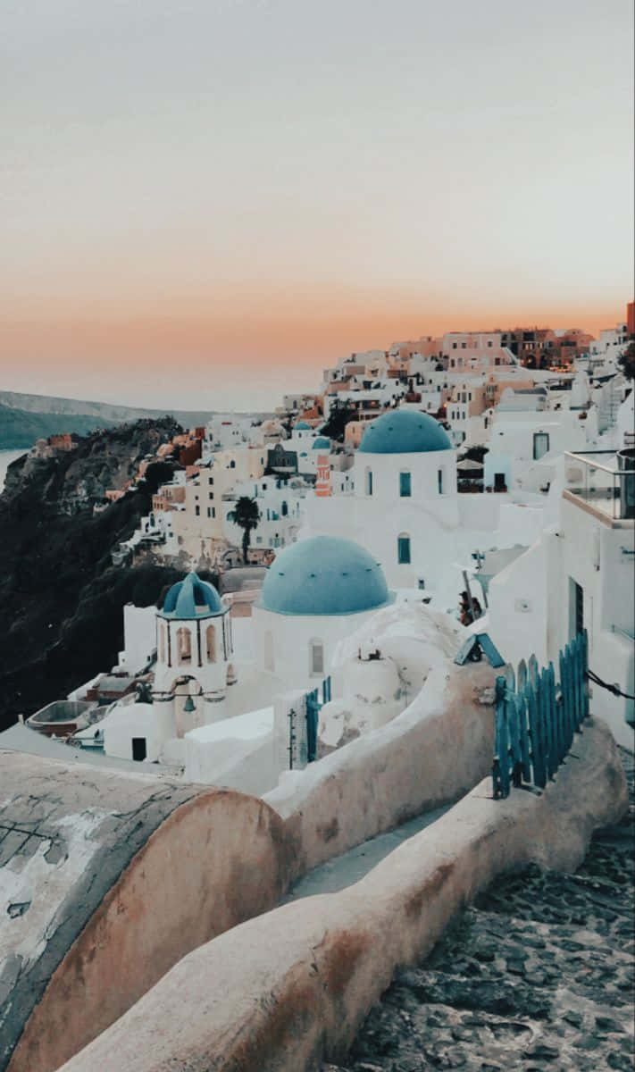 Santorini, sunset, white-washed buildings, SD Phone Wallpaper