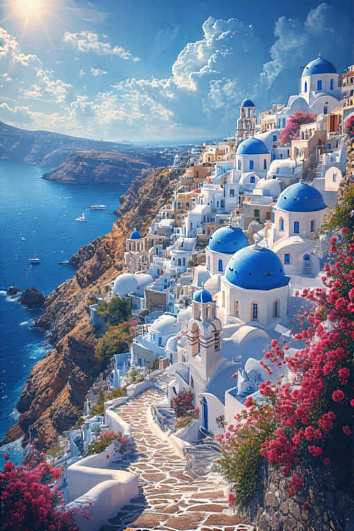Santorini, blue domes, white houses, SD Phone Wallpaper