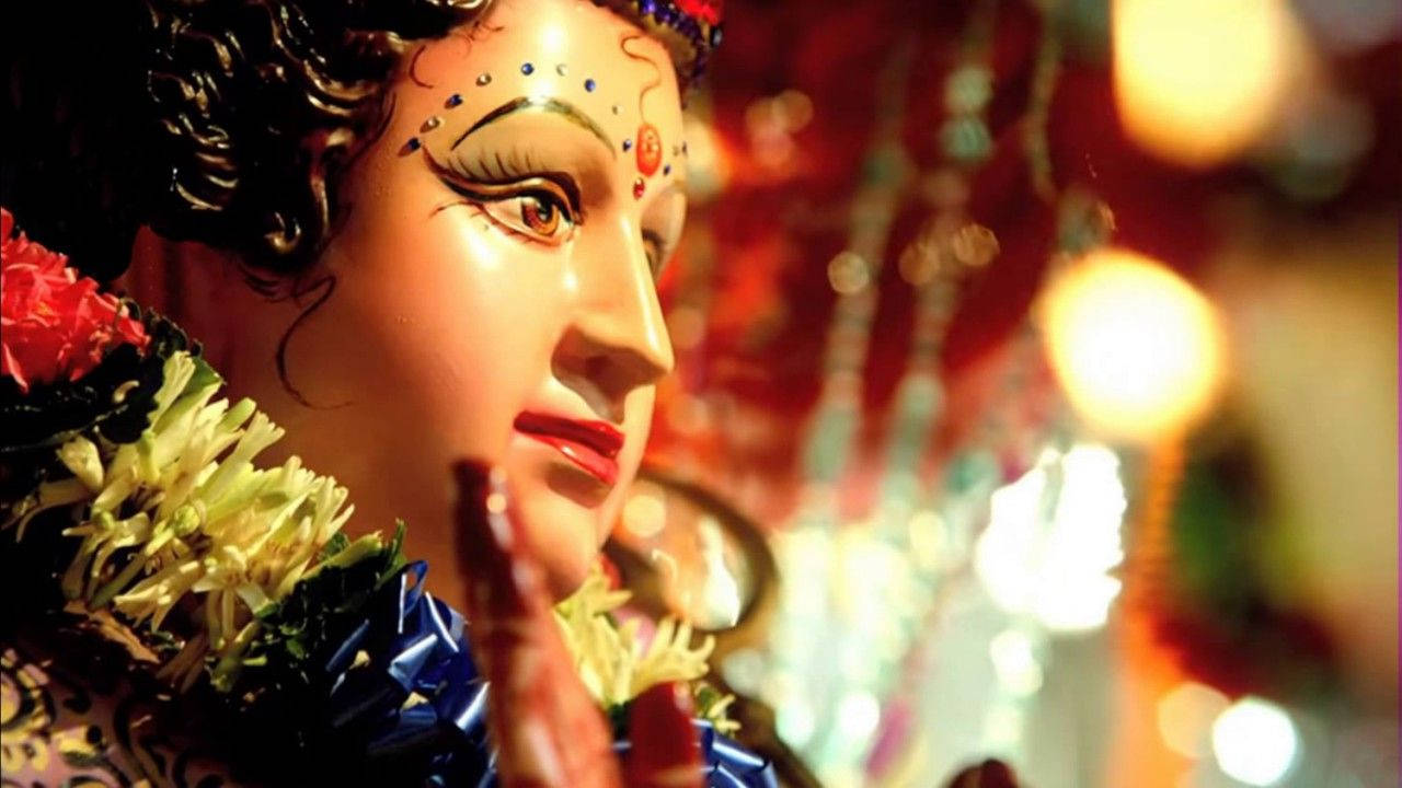 Santoshi Maa, colorful ornate deity statue, flowers, HD Desktop Wallpaper
