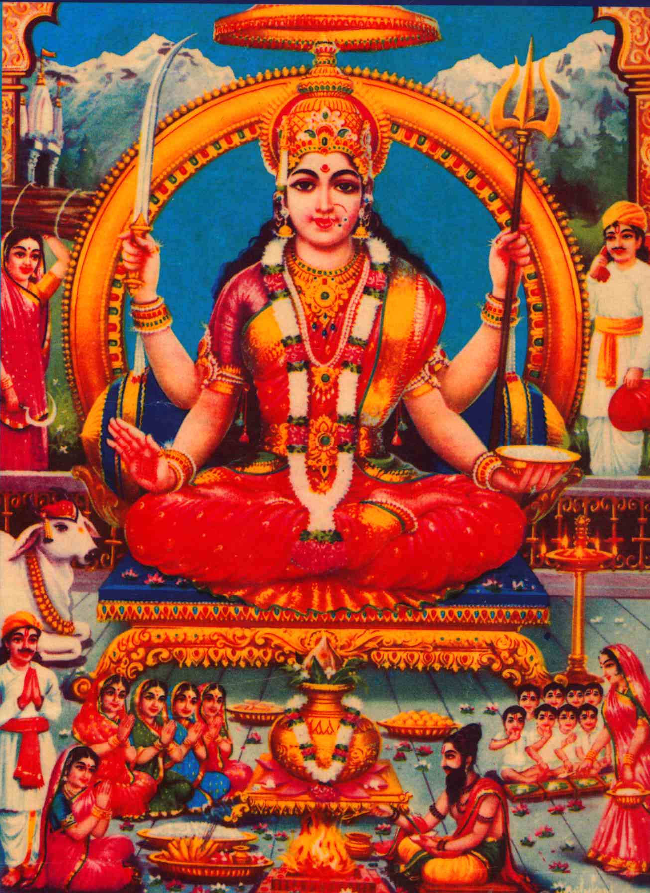 Santoshi Maa, red and gold, four arms, HD Phone Wallpaper