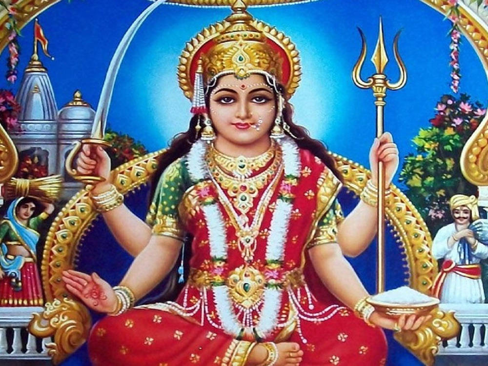 Santoshi Maa, red and gold, trident, SD Desktop Wallpaper